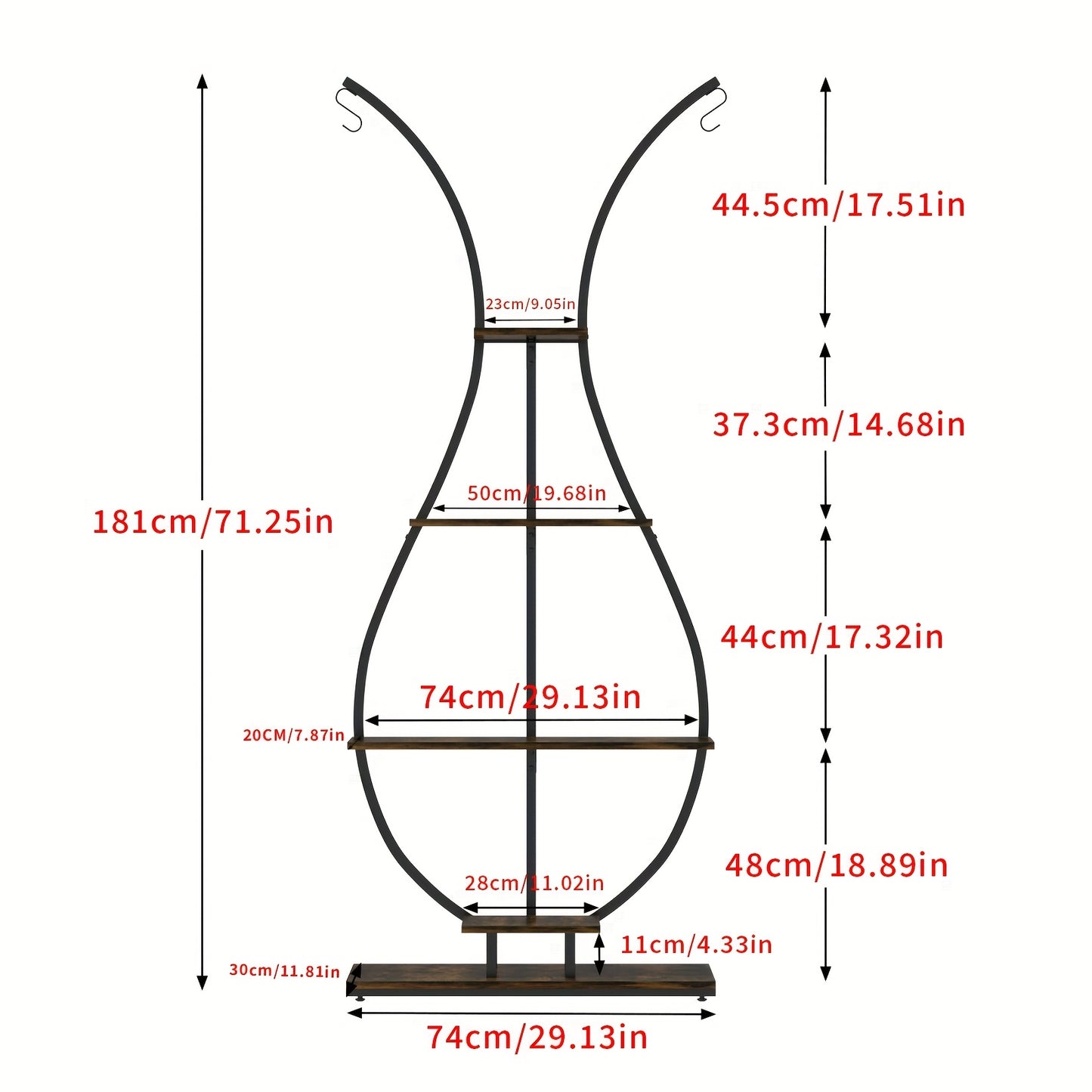 Vase-shape metal plant shelf with multiple wooden tiers for displaying indoor plants and decor