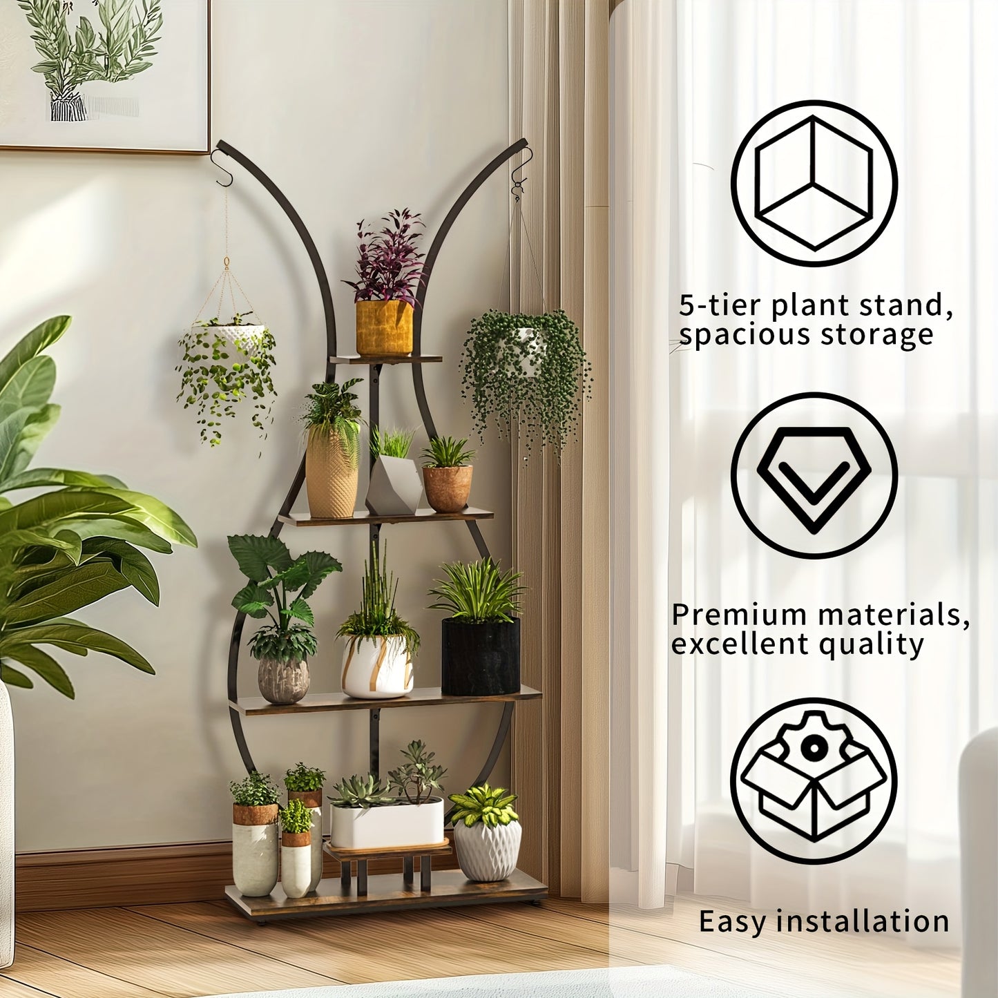 Vase-shape metal plant shelf featuring a 5-tier design for spacious plant storage and easy installation