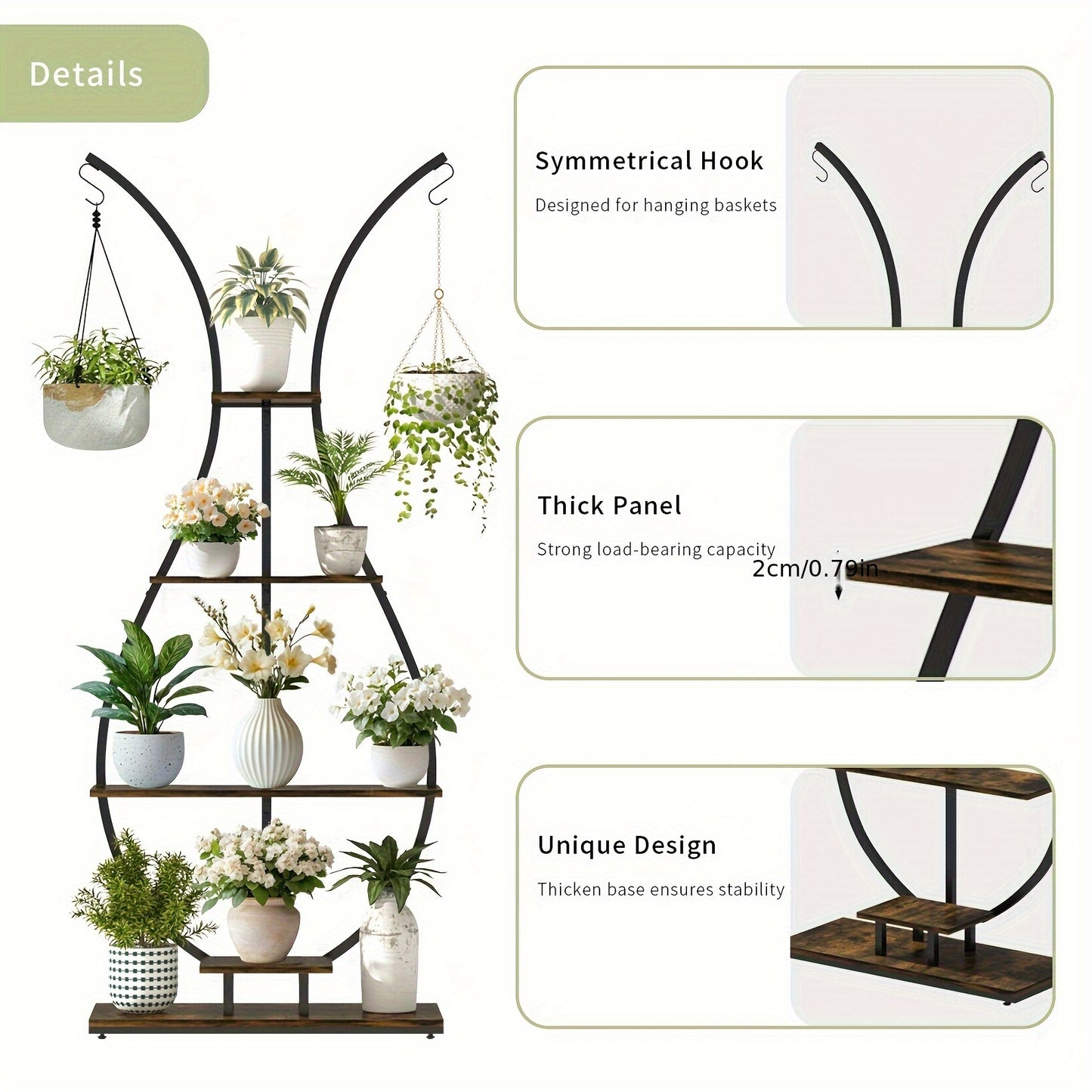 Vase-shape metal plant shelf with symmetrical hooks and sturdy panels for displaying plants