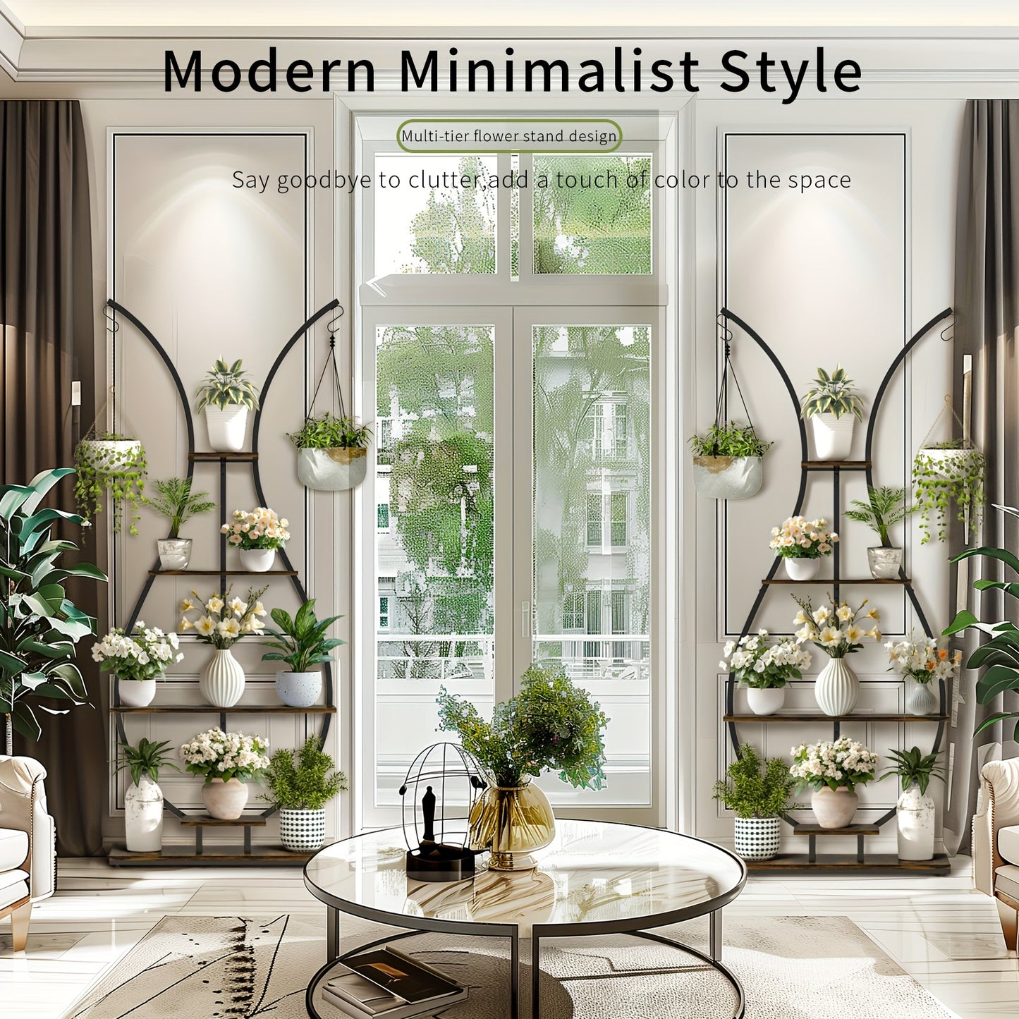 Modern minimalist vase-shape metal plant shelf with multiple tiers for indoor greenery display