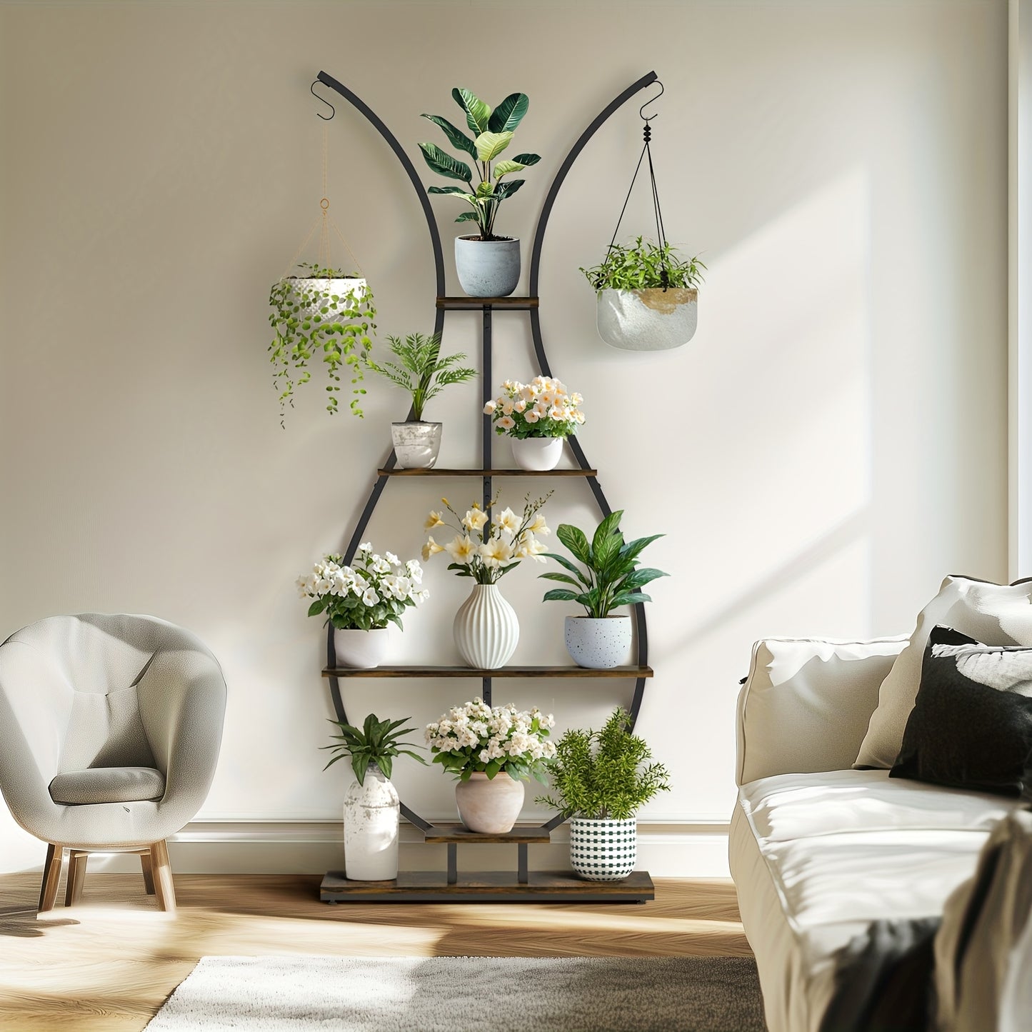 Vase-shape metal plant shelf in a bright living room showcasing various potted plants and flowers