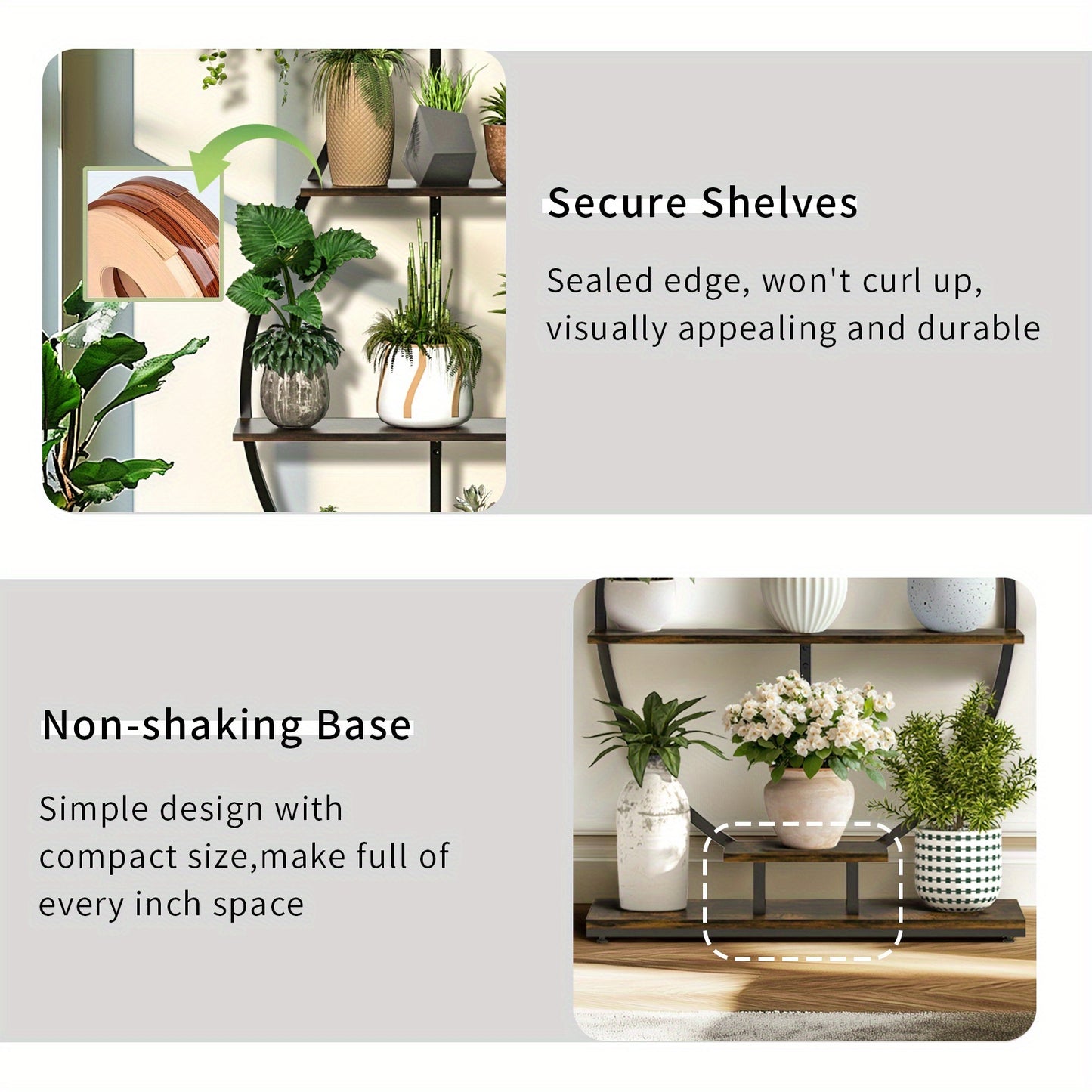 Nutshell vase-shape metal plant shelf with secure edges and non-shaking base for stylish plant display