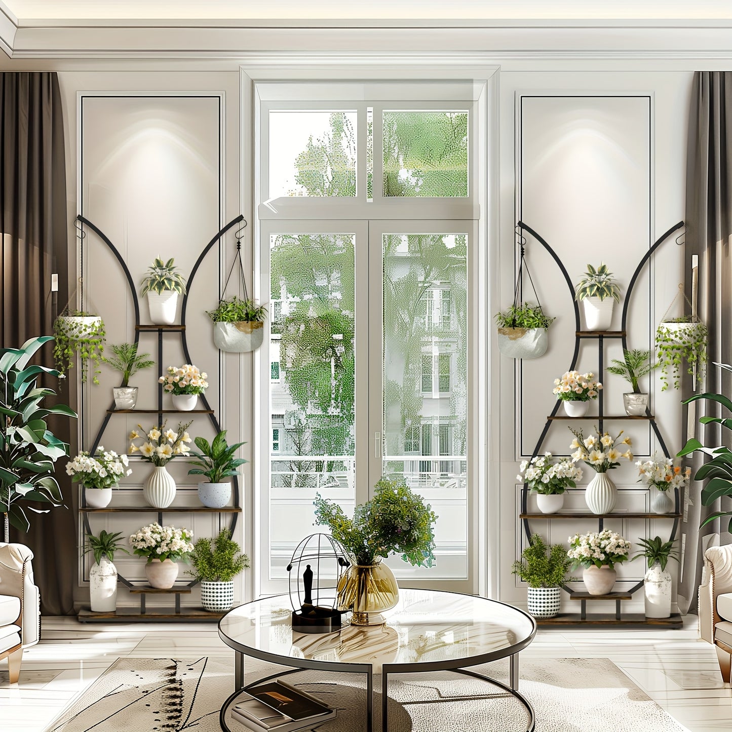 Elegant vase-shape metal plant shelf displaying various potted plants in a stylish living room setting