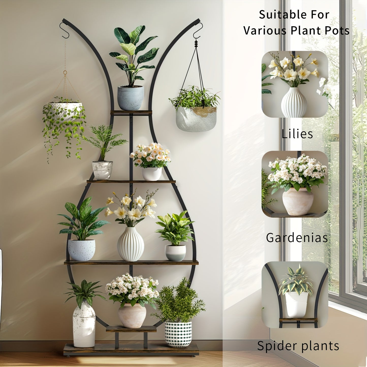 Vase-shape metal plant shelf with multiple tiers for displaying various plant pots and decorative plants