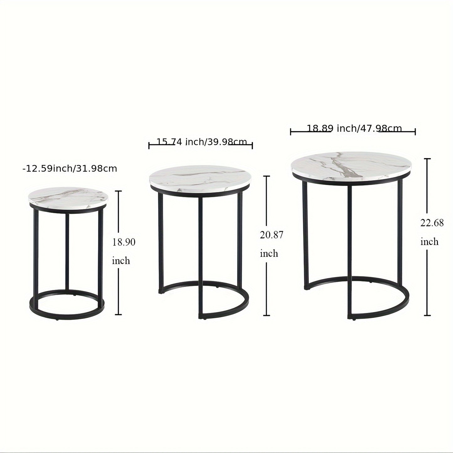 Nutshell modern side table set with three round marble tops and black metal legs, various sizes