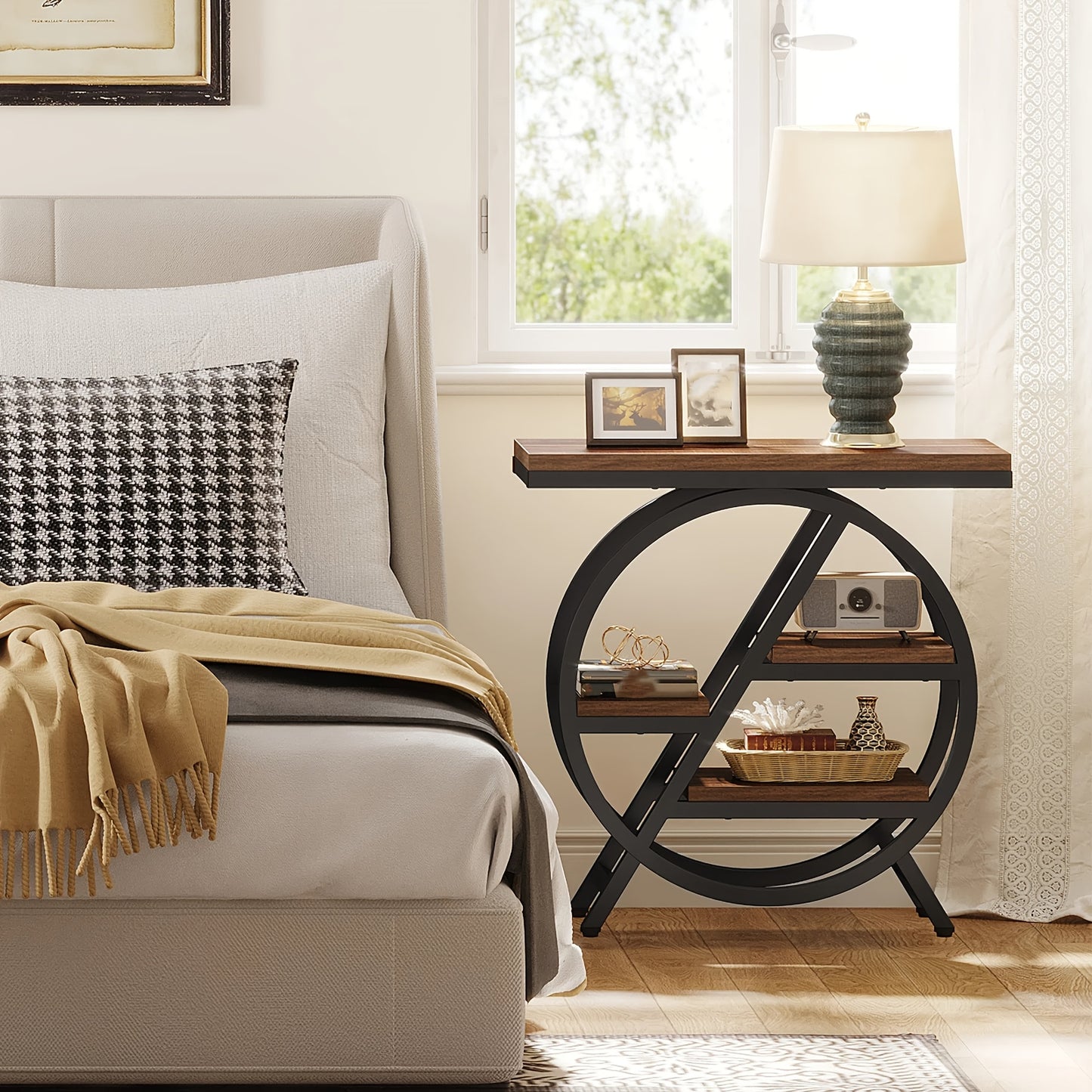 Nutshell rustic brown vintage entryway table with circular metal frame and wooden shelves beside bed