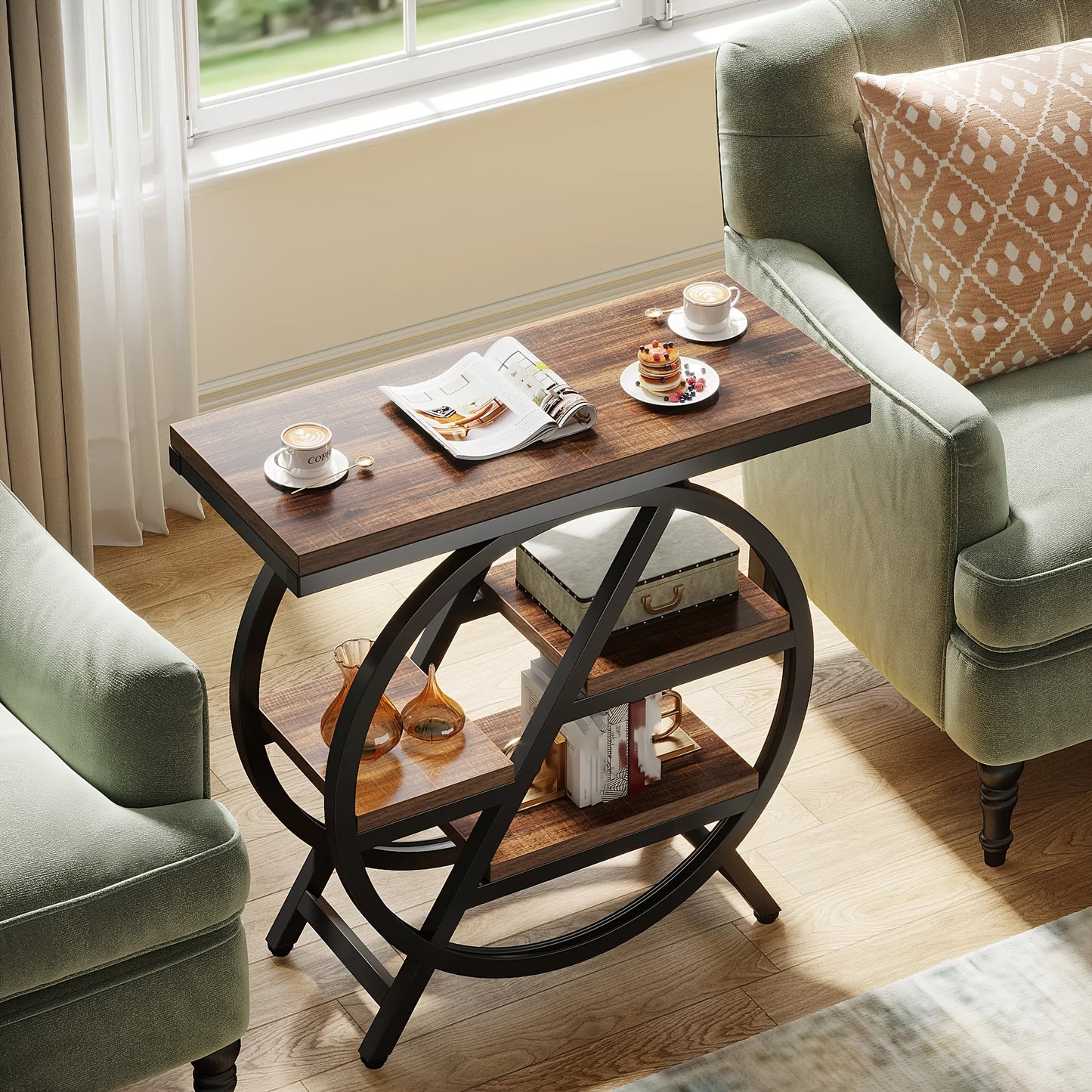 Rustic Brown Vintage Entryway Table by Nutshell with round metal frame and wooden shelves between two green armchairs