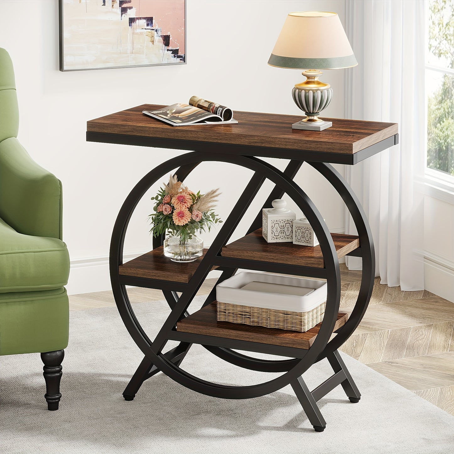 Nutshell Rustic Brown Vintage Entryway Table with circular metal frame and wooden shelves