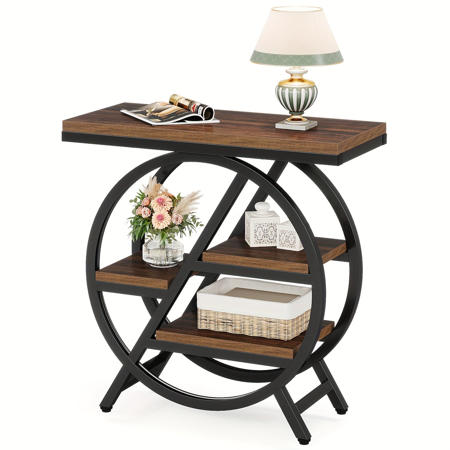 Rustic Brown Vintage Entryway Table by Nutshell with circular metal frame and wood shelves
