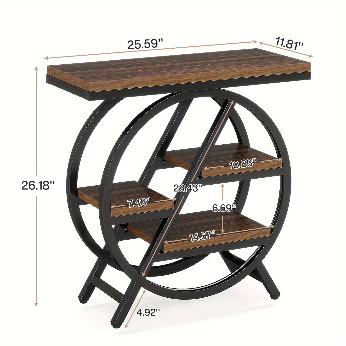 Rustic Brown Vintage Entryway Table by Nutshell with circular metal frame and three wooden shelves