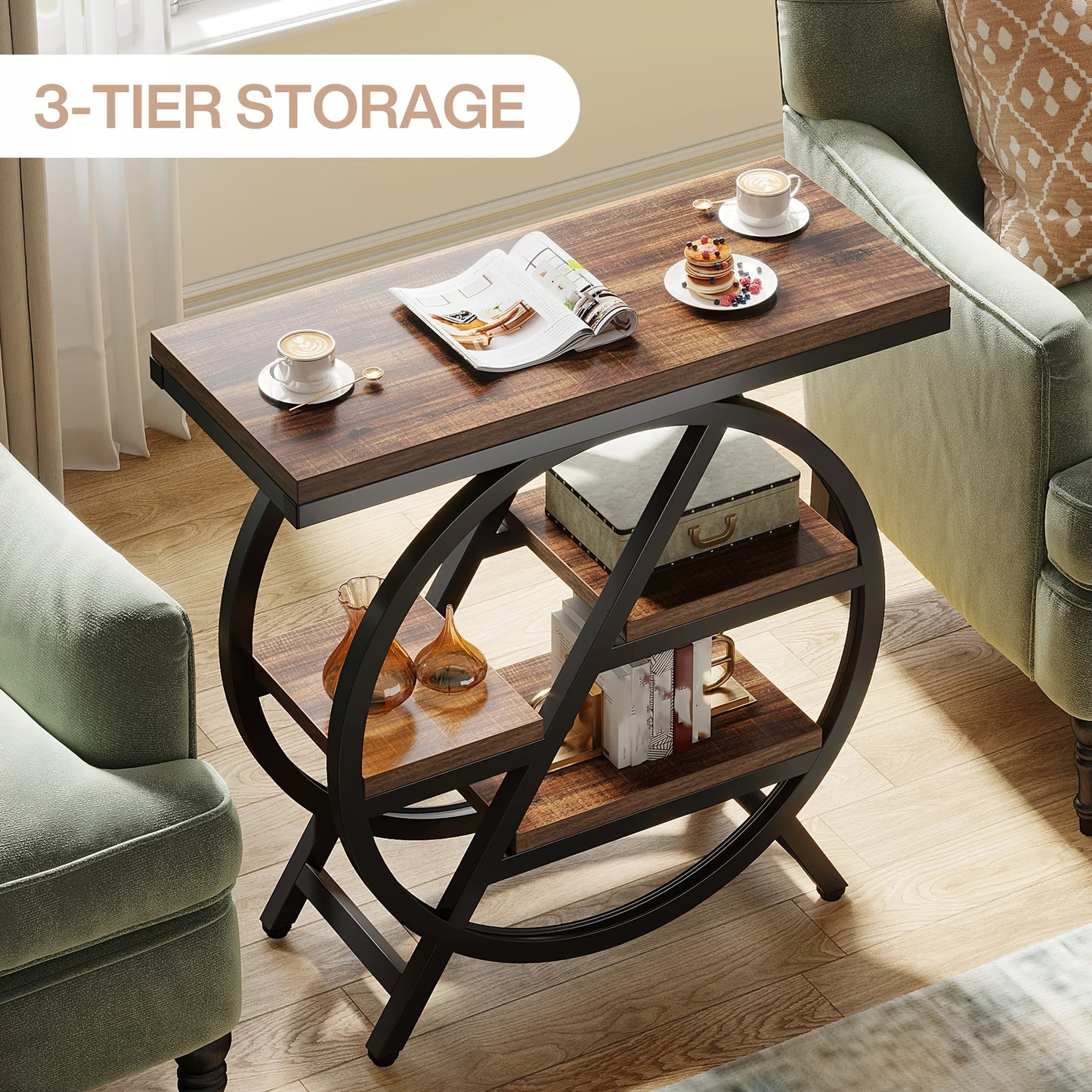 Rustic Brown Vintage Entryway Table by Nutshell with 3 Tier Storage and circular black metal frame