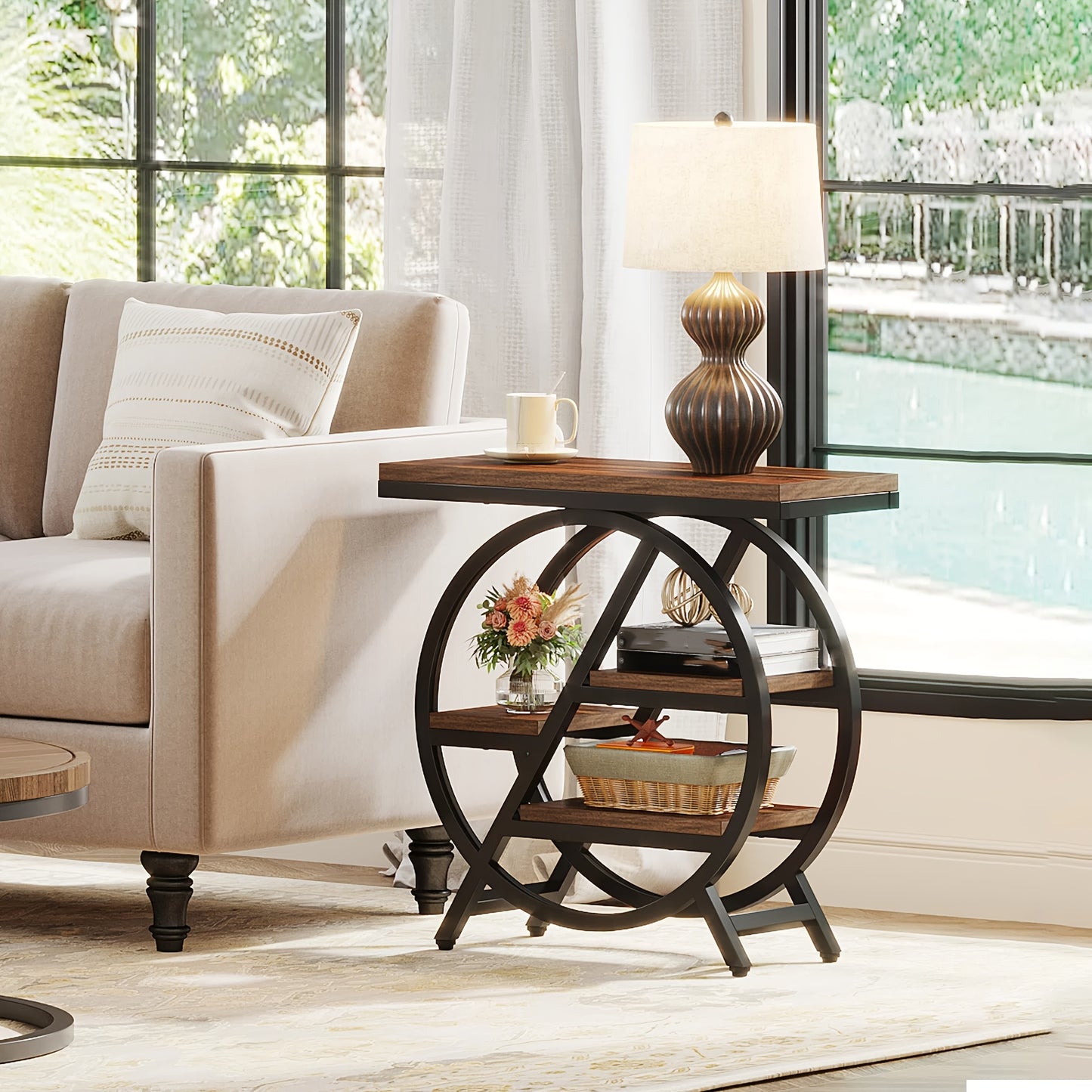 Rustic Brown Vintage Entryway Table by Nutshell with circular metal frame and wooden shelves next to beige sofa