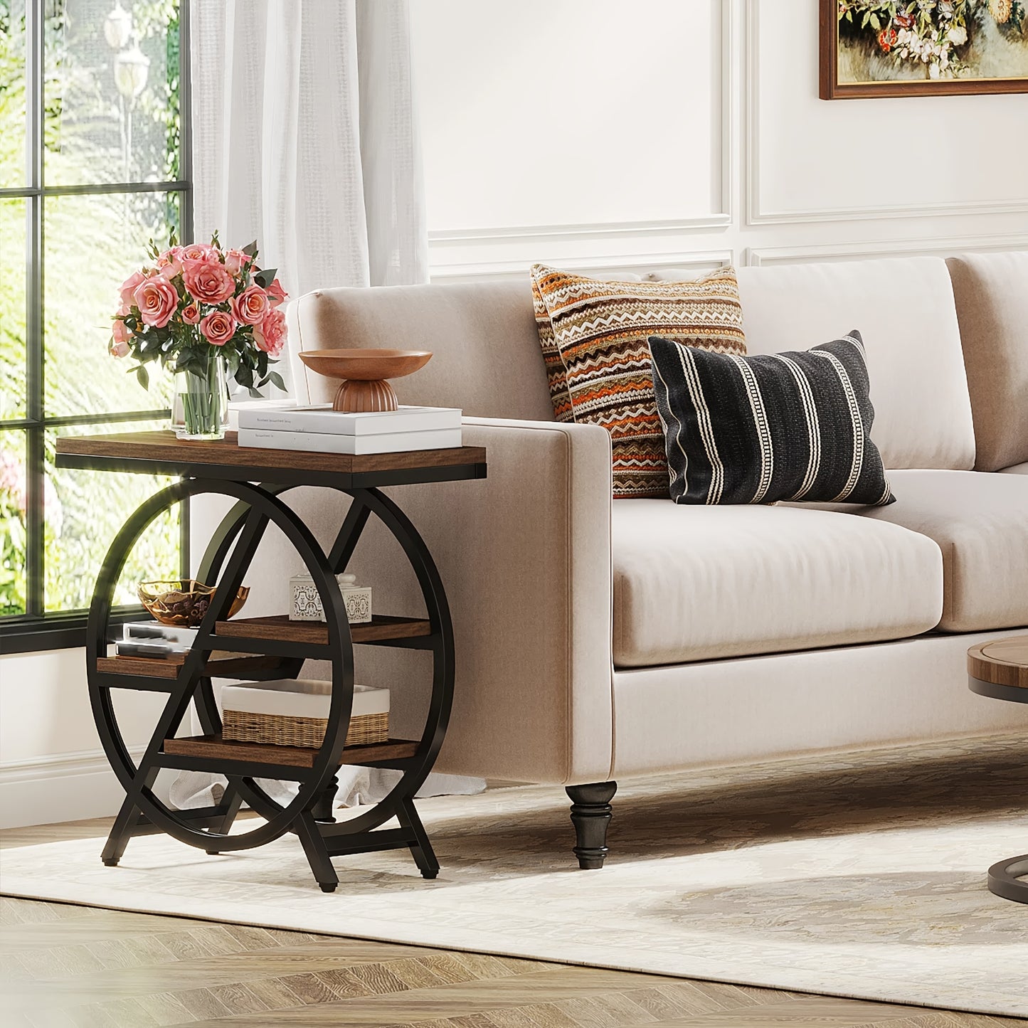 Rustic Brown Vintage Entryway Table by Nutshell with round metal frame and wooden shelves next to beige sofa