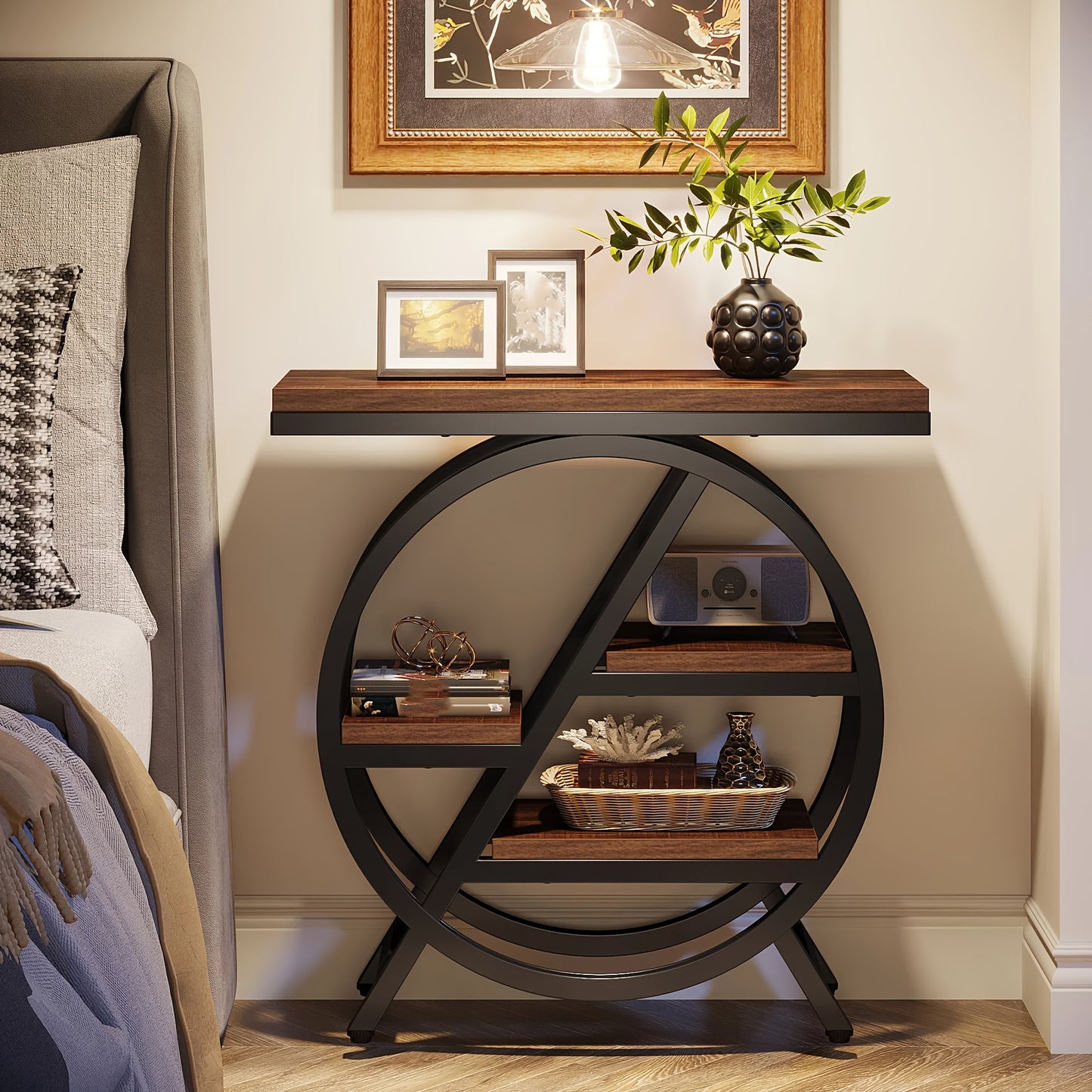 Rustic Brown Vintage Entryway Table by Nutshell with circular black metal frame and wooden shelves