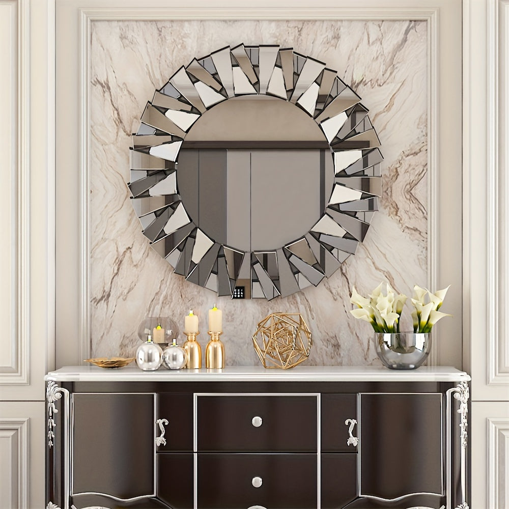 Nutshell silver beveled decorative mirror with geometric frame hanging above console table