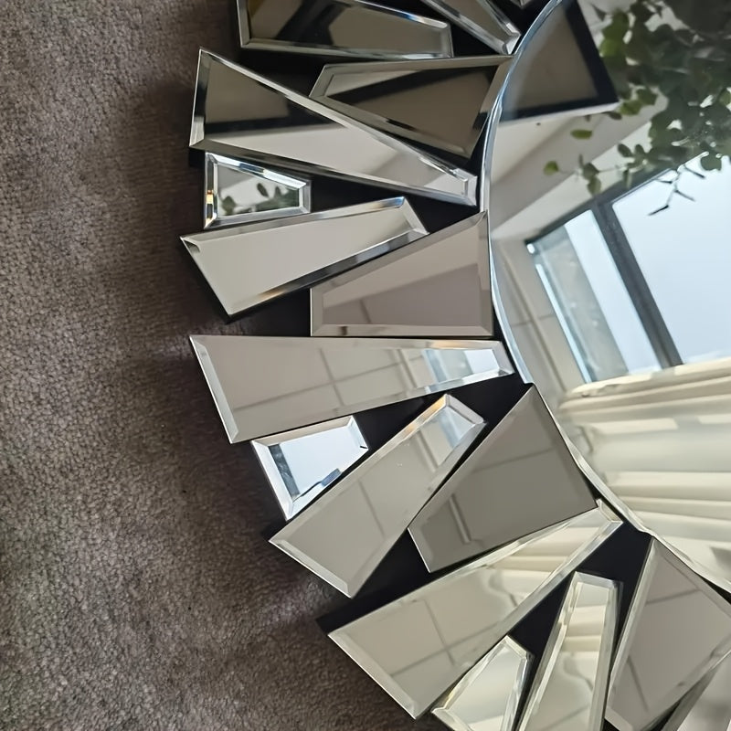 Nutshell silver beveled decorative mirror with sunburst design reflecting indoor space