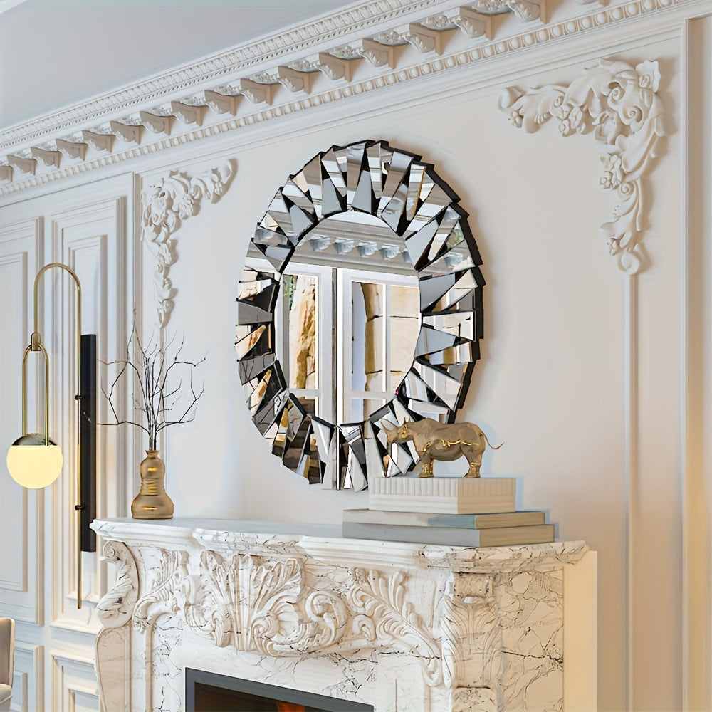 Nutshell silver beveled decorative mirror with unique geometric frame hanging above ornate fireplace