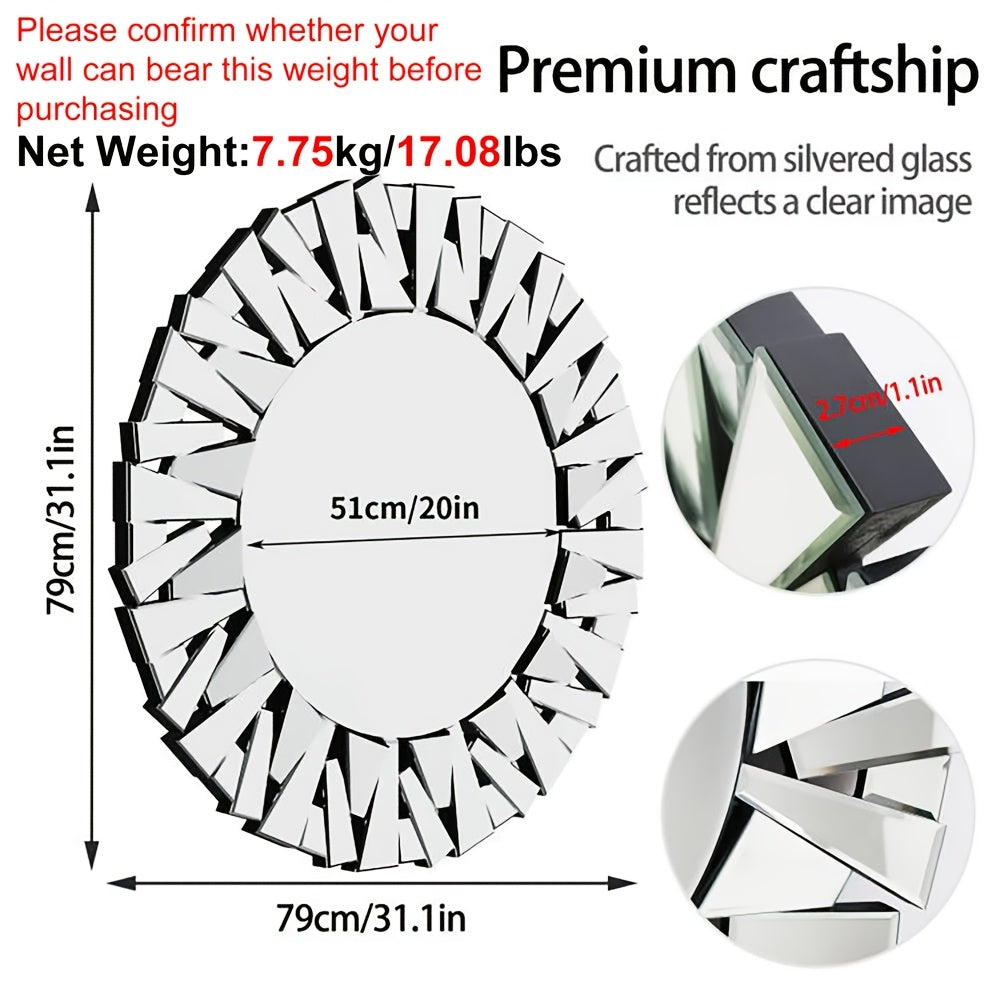 Nutshell silver beveled decorative mirror round with unique geometric frame and clear reflective glass