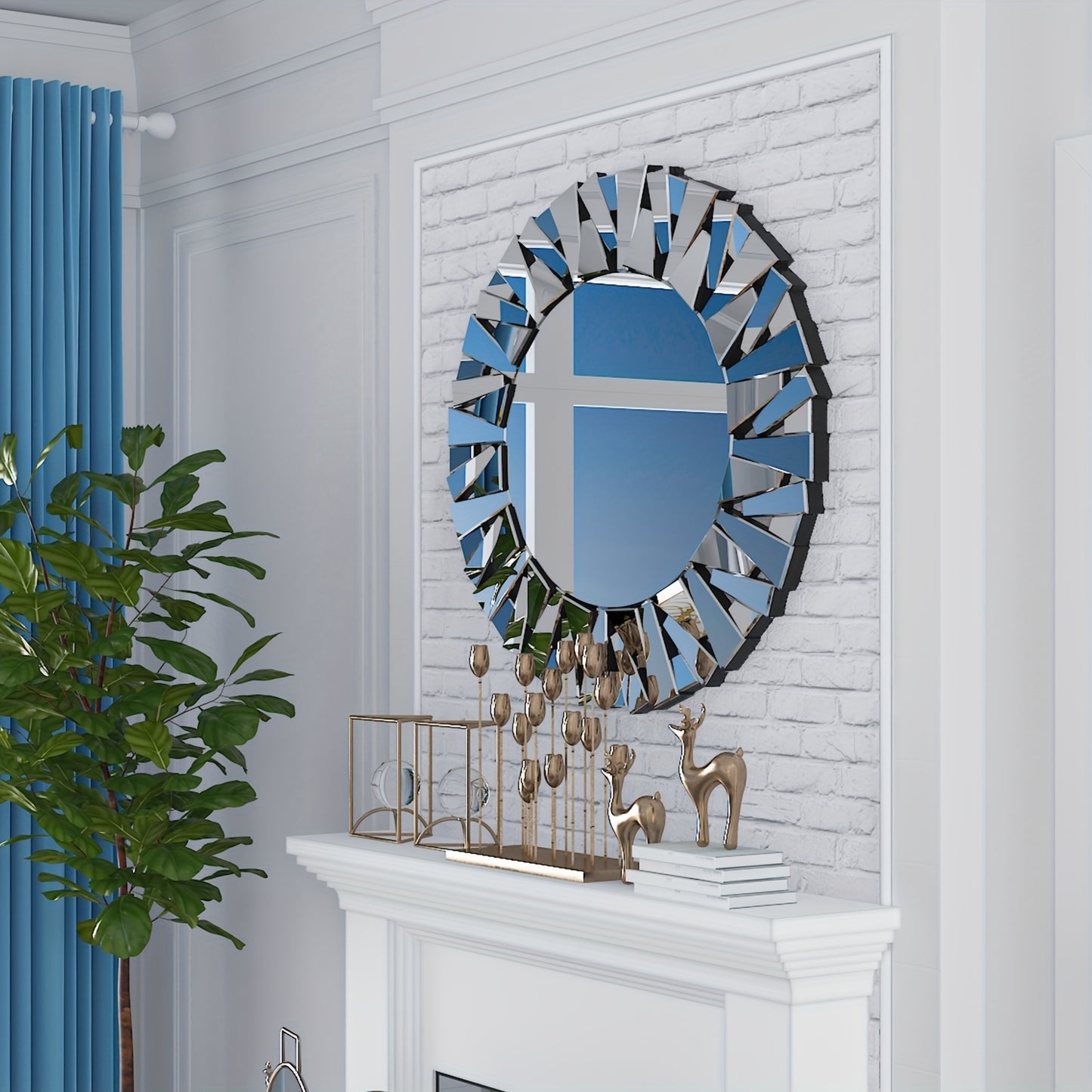 Nutshell silver beveled decorative mirror with geometric frame hanging above white fireplace mantel