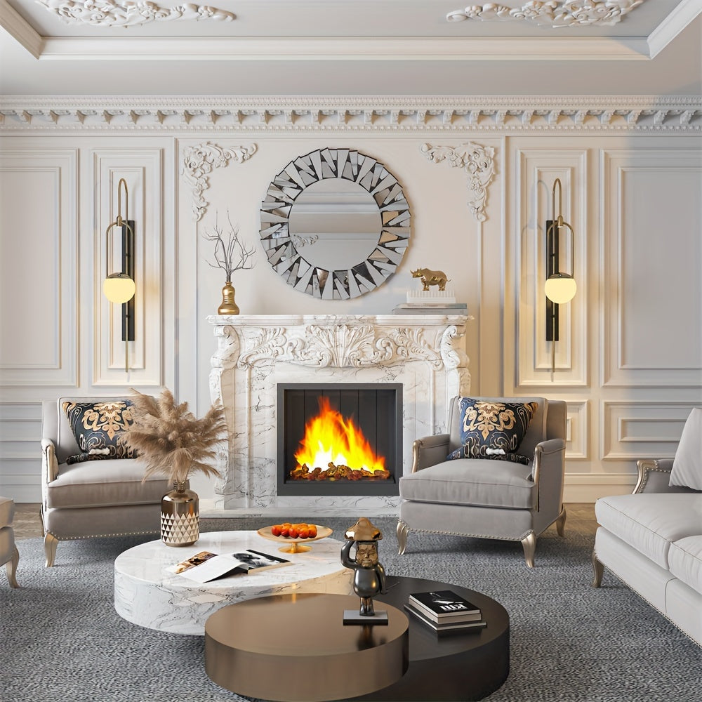Nutshell silver beveled decorative mirror round design above ornate fireplace in elegant living room