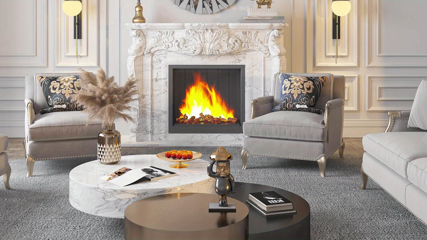 Nutshell silver beveled decorative mirror hanging above a fireplace in an elegant living room