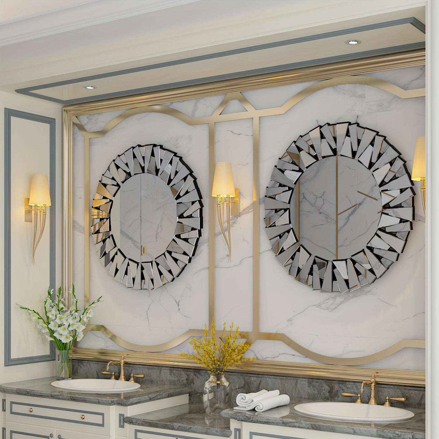 Nutshell silver beveled decorative mirror with geometric fragmented design above double sinks in elegant bathroom