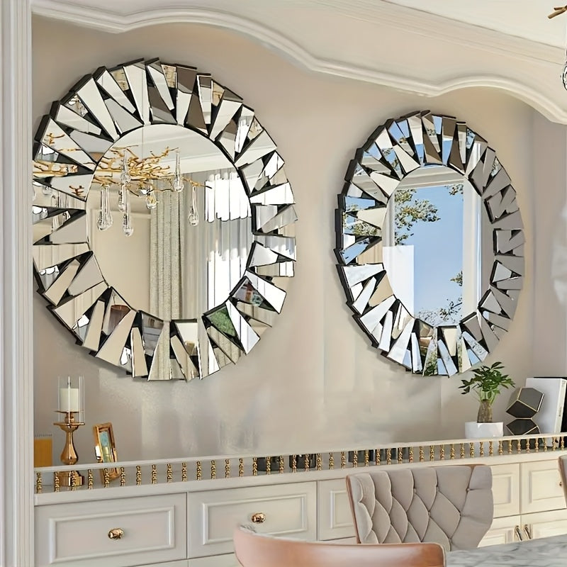 Nutshell silver beveled decorative mirror with geometric frame design hanging on wall