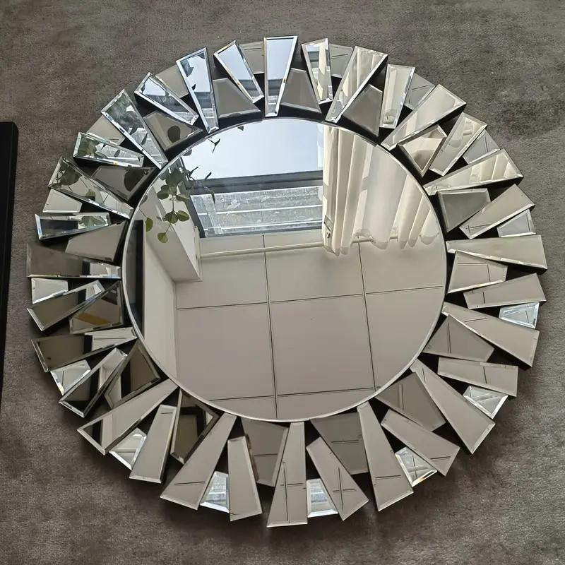 Nutshell silver beveled decorative mirror with geometric frame design reflecting window and curtains