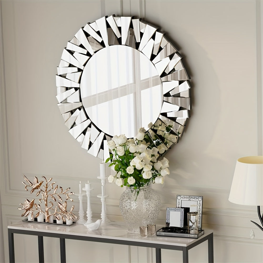 Nutshell silver beveled decorative mirror with geometric frame hanging above console table with flowers and decor
