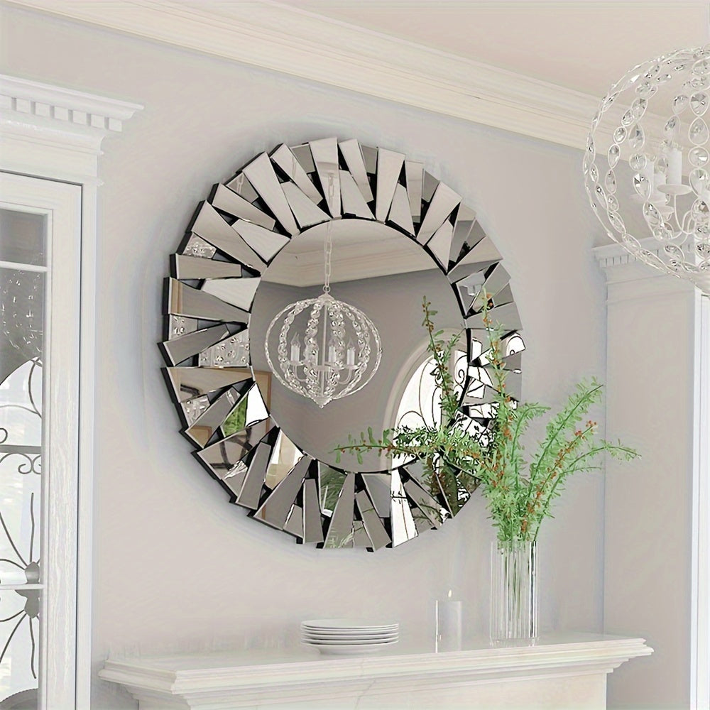 Nutshell silver beveled decorative mirror with geometric frame hanging above white mantel with plants