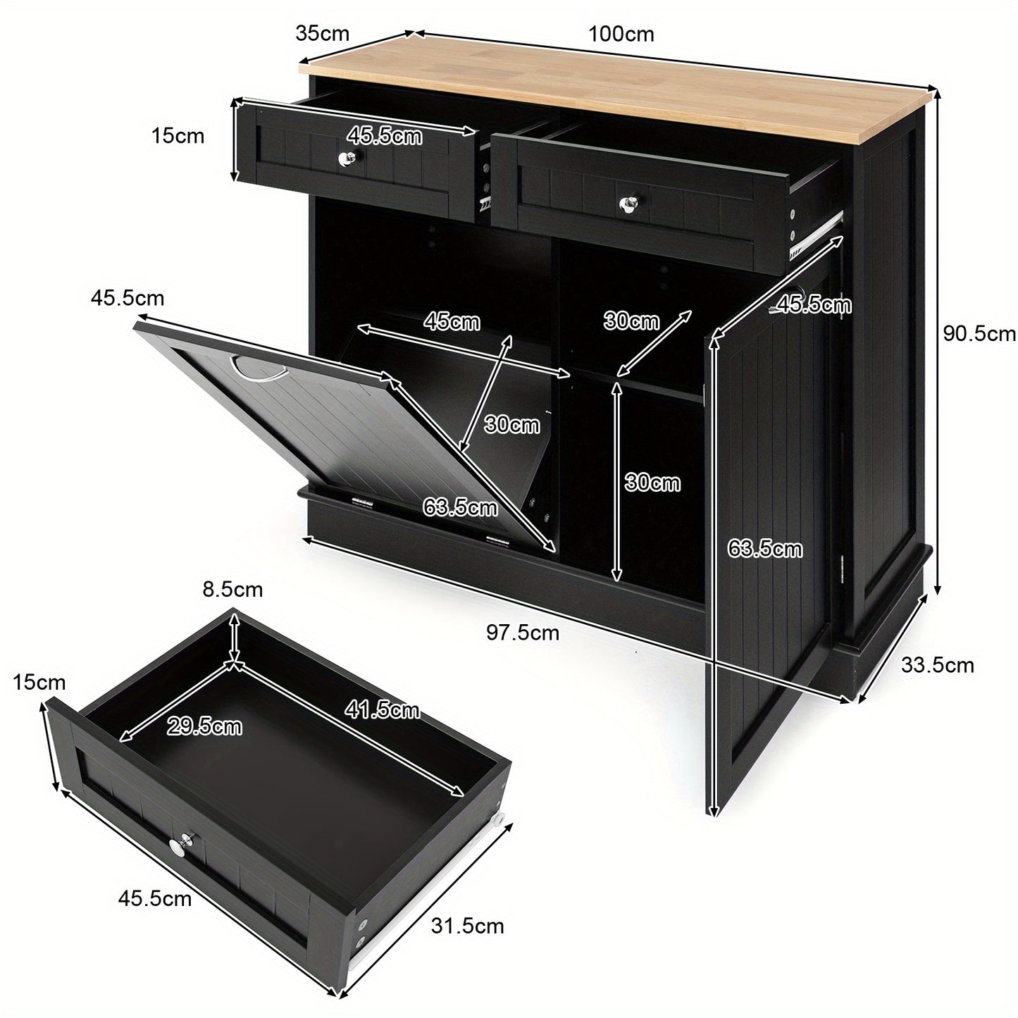 Nutshell black wooden tilt-out trash cabinet with two drawers and detailed measurements