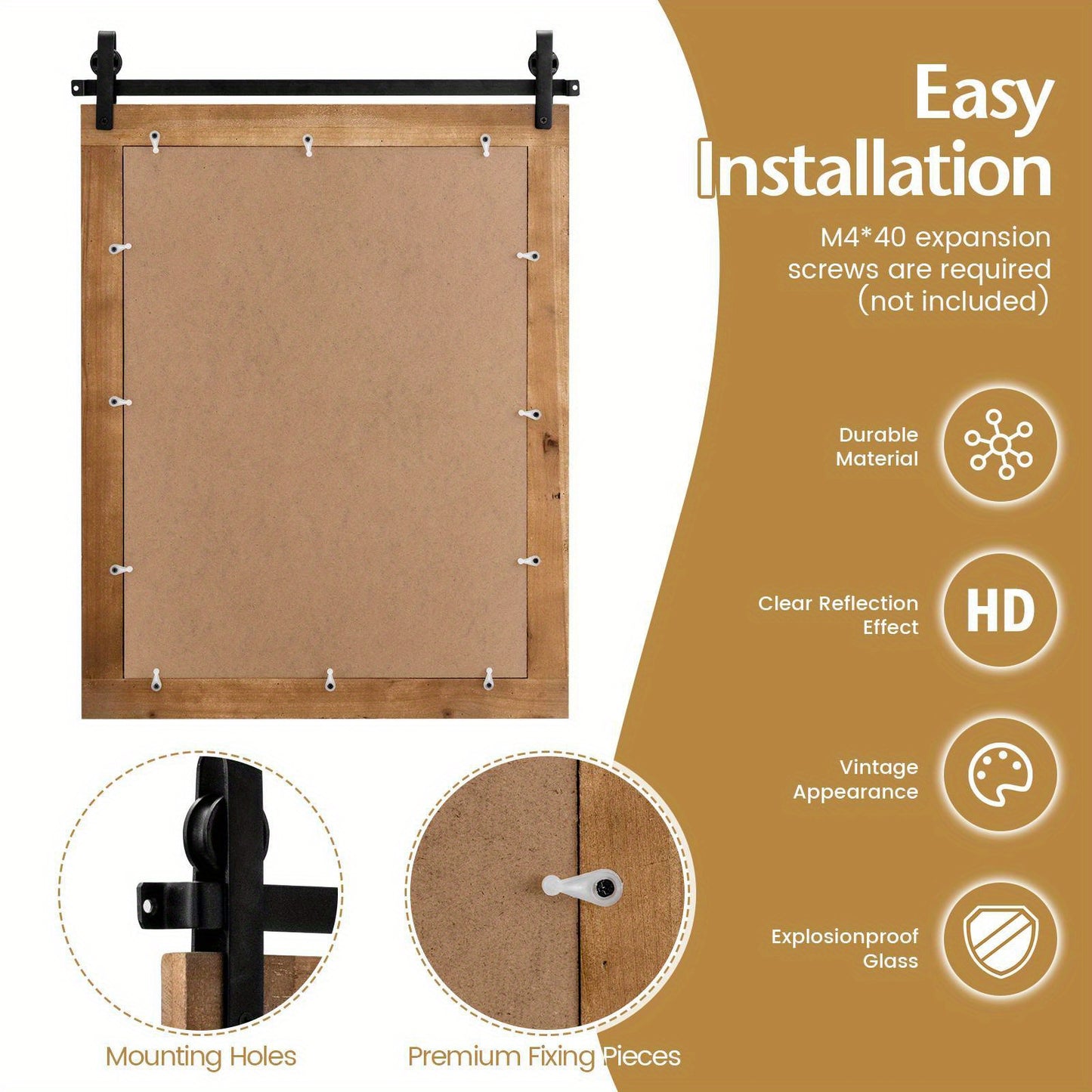 Back view of Nutshell wall-mounted wooden vanity mirror showing mounting holes and premium fixing pieces