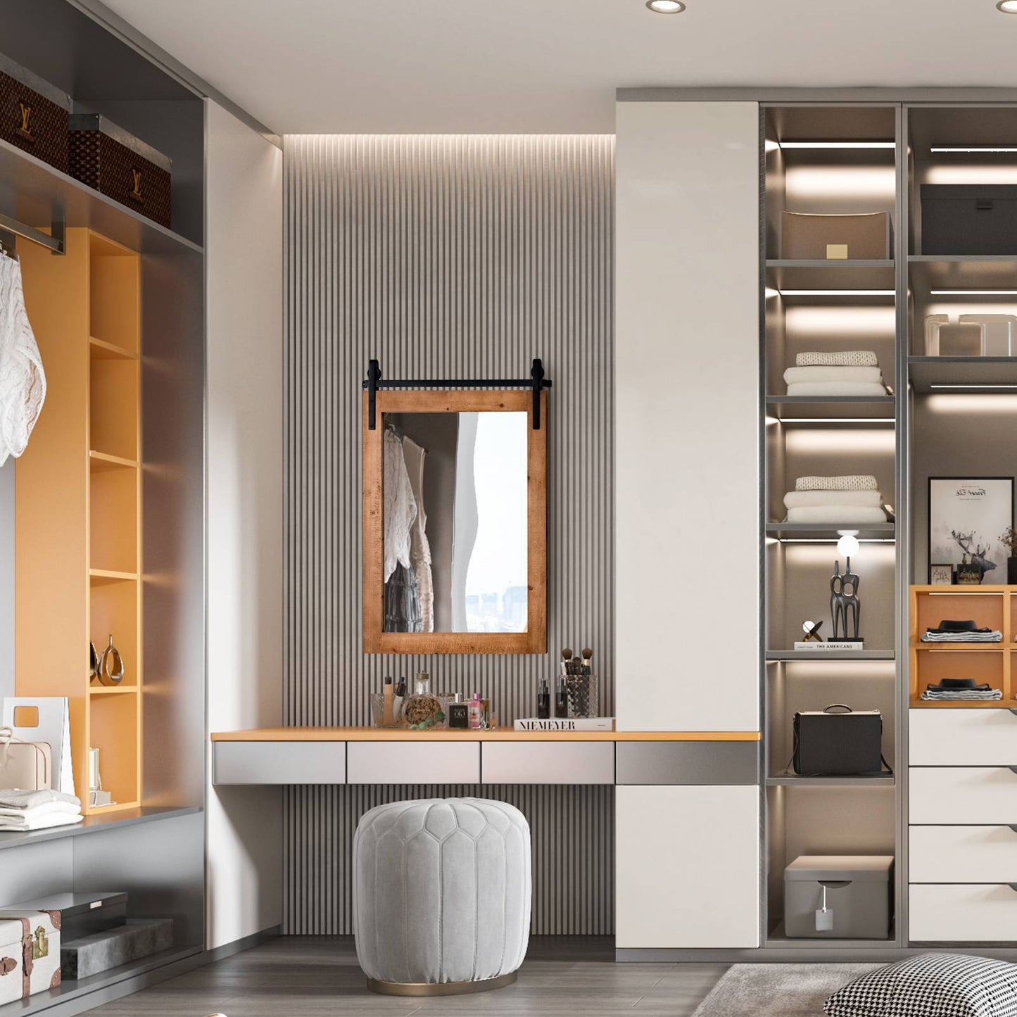 Nutshell wall-mounted wooden vanity mirror above a modern vanity desk in a stylish bedroom
