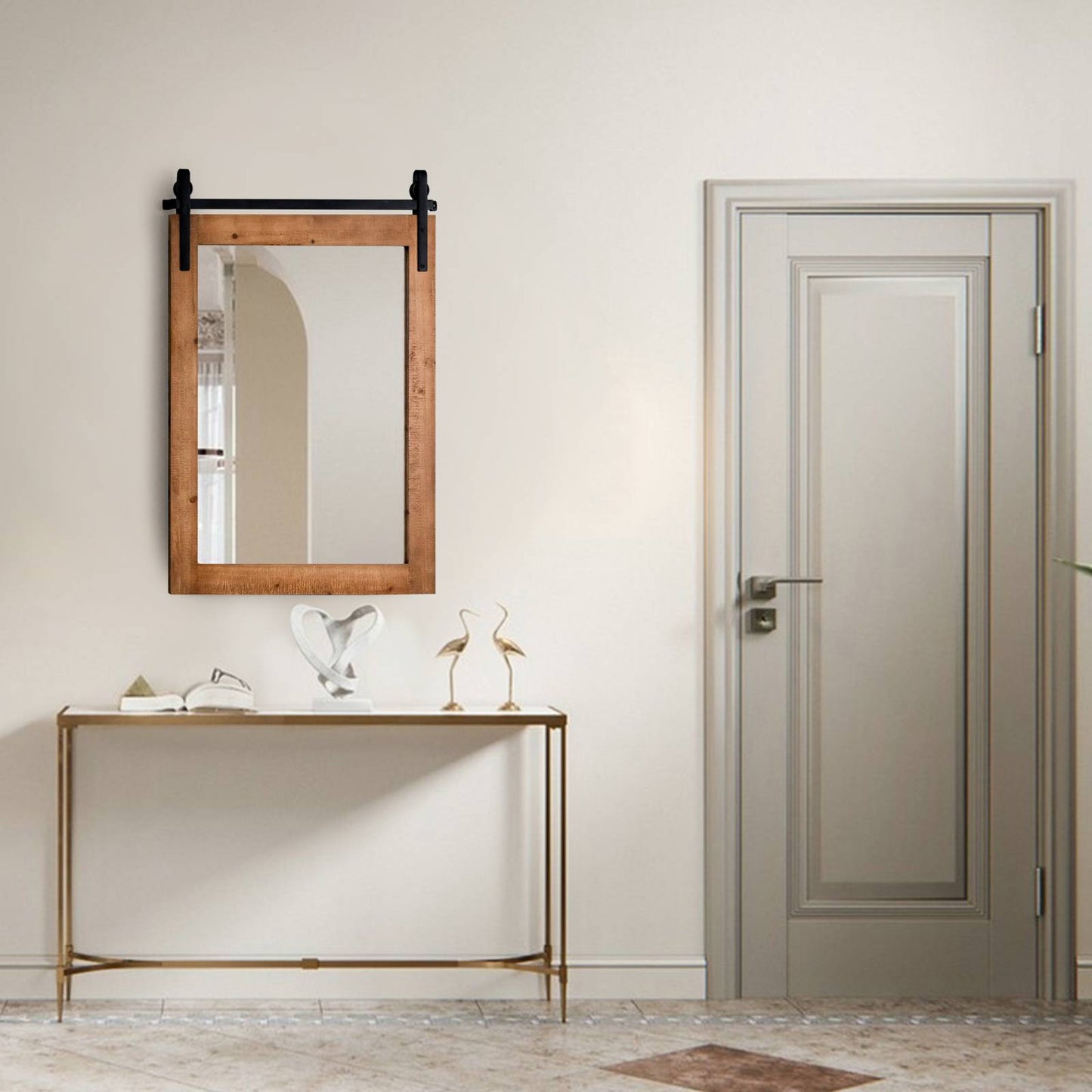 Nutshell wall-mounted wooden vanity mirror with rustic frame above modern console table in minimalist room