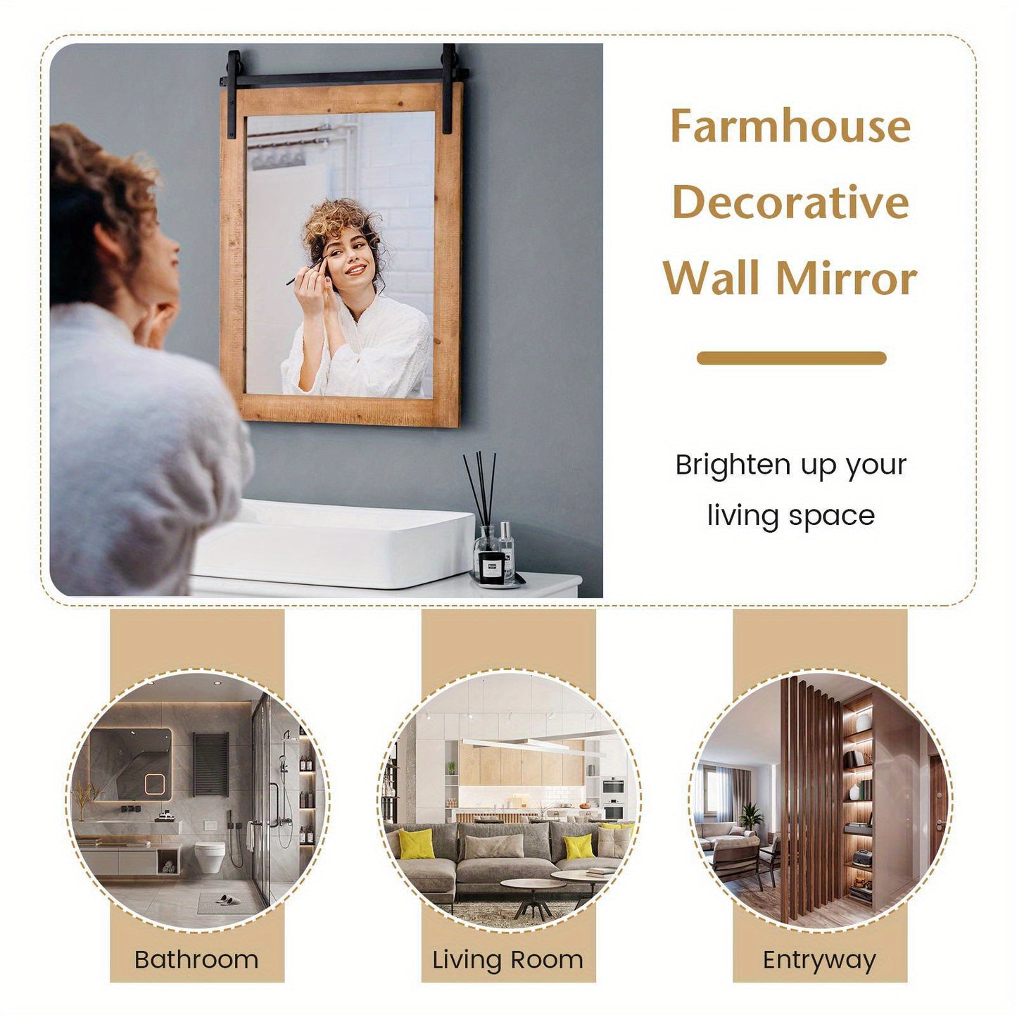 Nutshell wall-mounted wooden vanity mirror in farmhouse style above bathroom sink