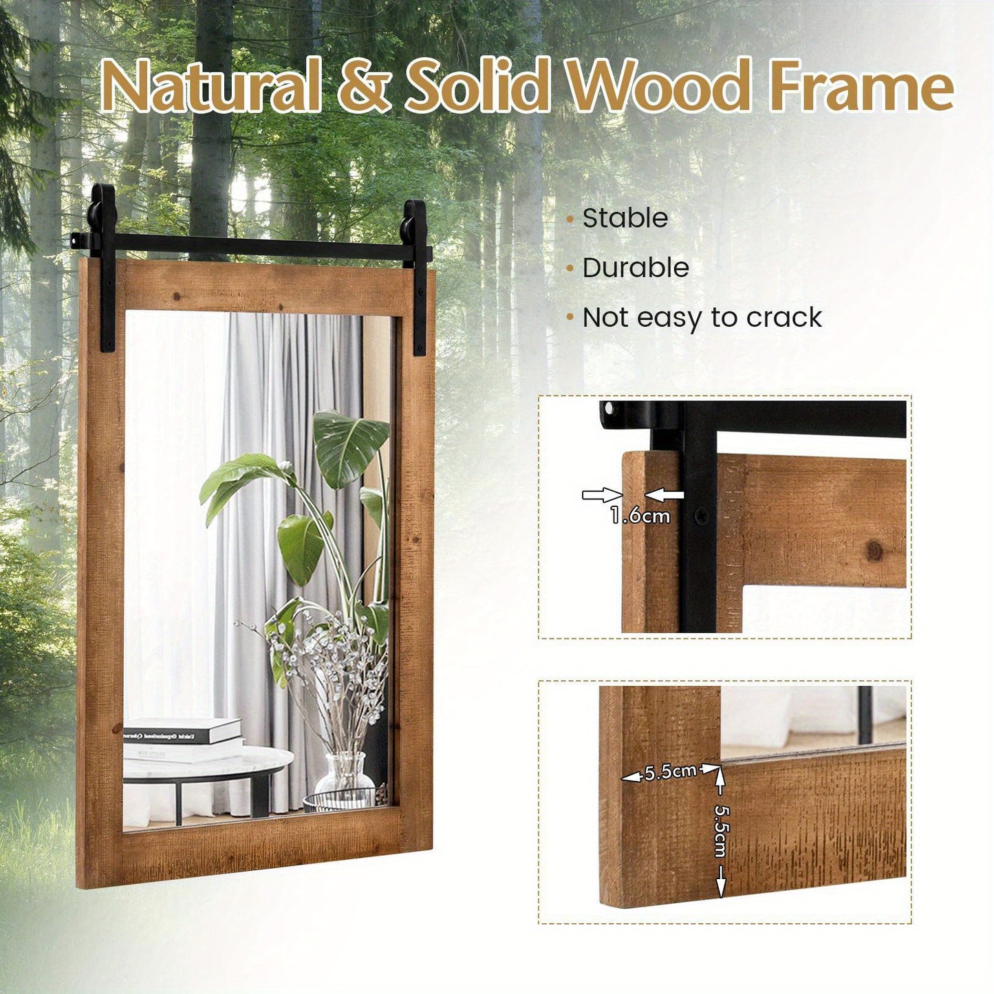 Nutshell wall-mounted wooden vanity mirror with natural solid wood frame and stable durable design