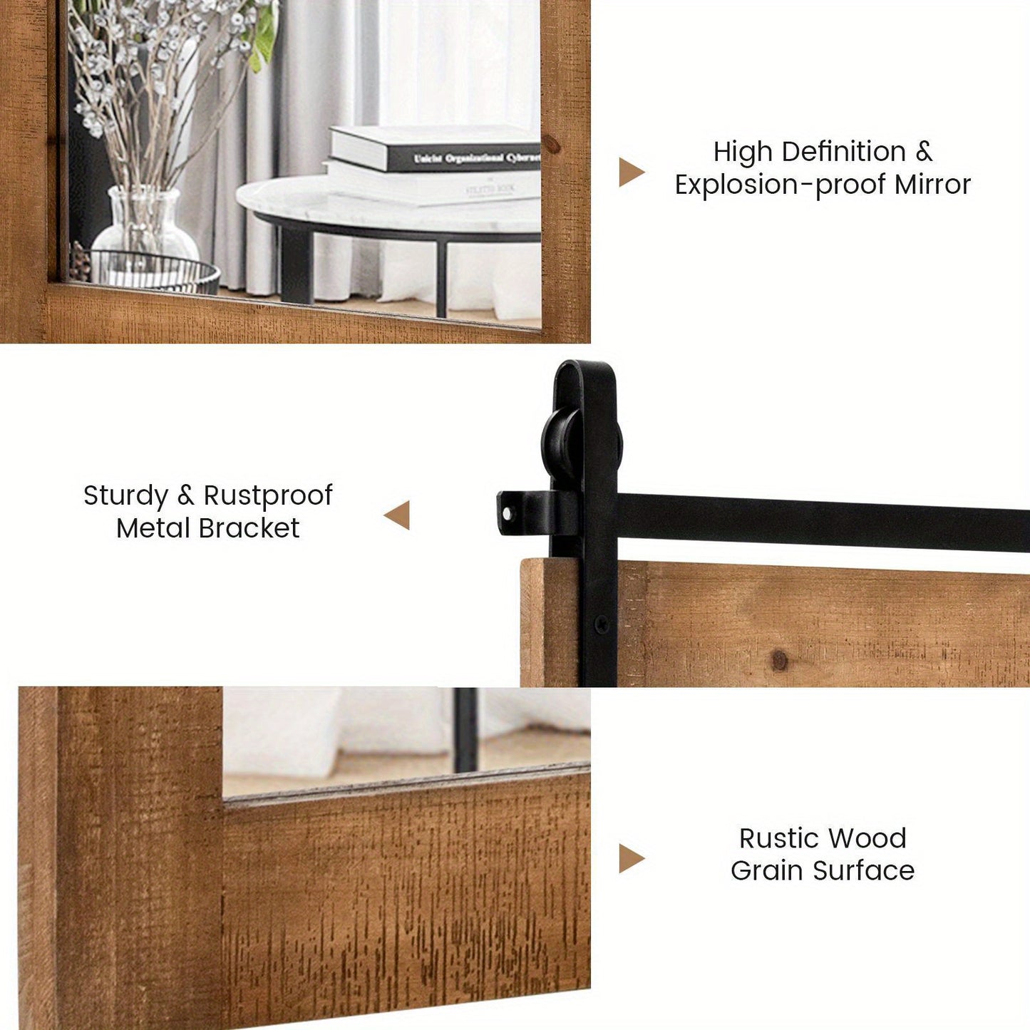 Nutshell wall-mounted wooden vanity mirror with rustic wood grain, sturdy metal bracket, and high definition glass