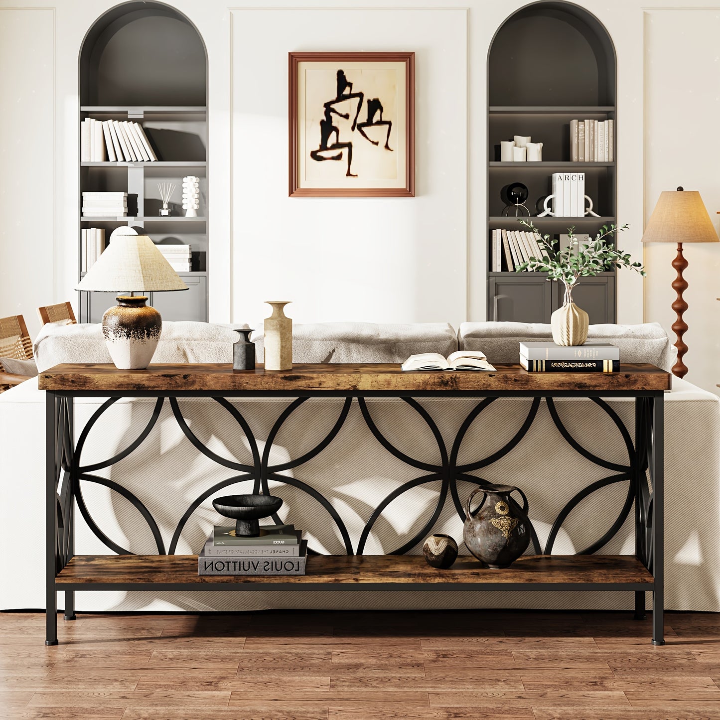Nutshell entryway table with storage featuring a black metal frame and wooden shelves in a modern living room
