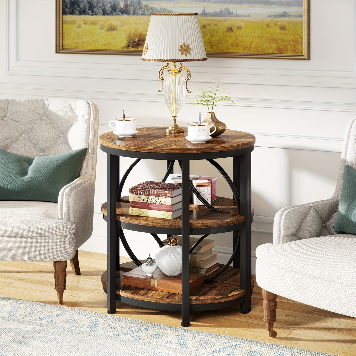 Nutshell vintage industrial end table with round wood shelves and black metal frame between two armchairs