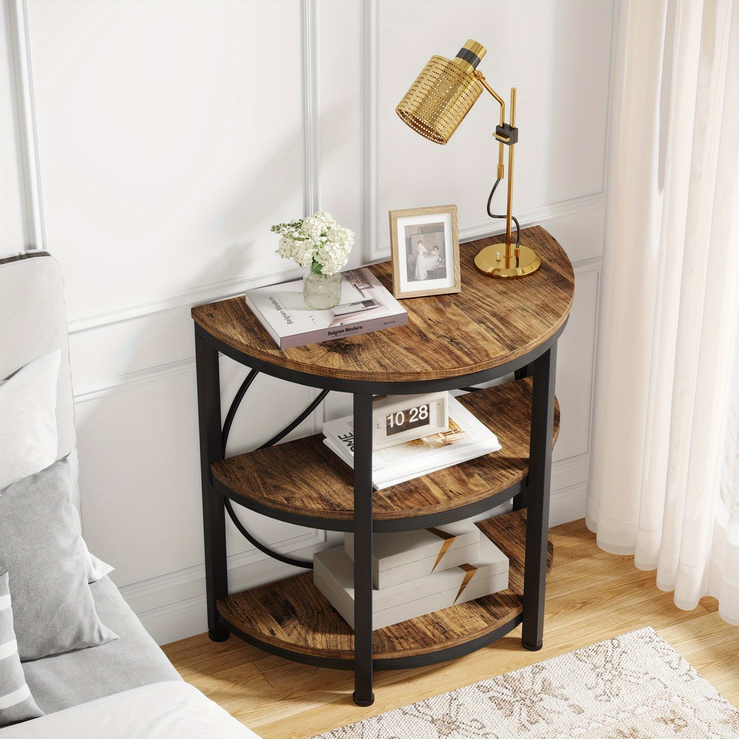 Nutshell vintage industrial end table with three wooden shelves and black metal frame beside sofa