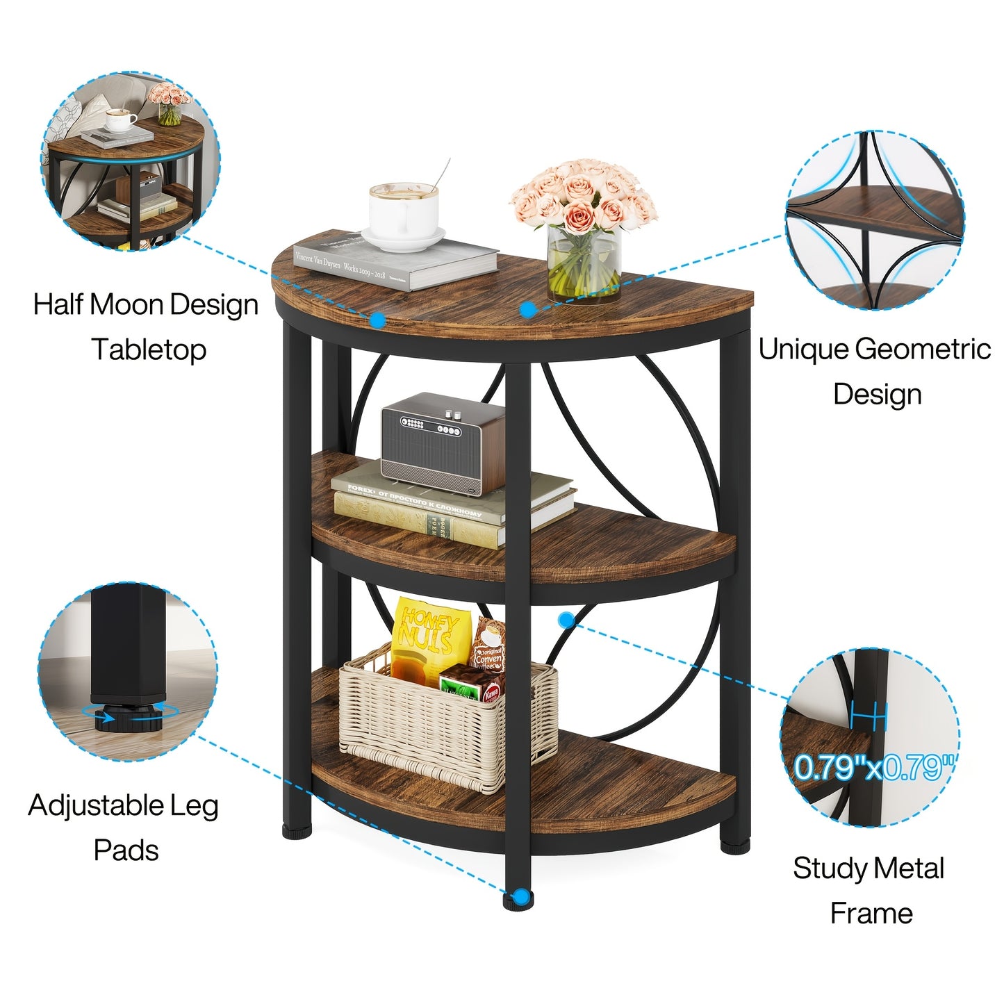 Nutshell vintage industrial end table with half moon tabletop and unique geometric metal frame design