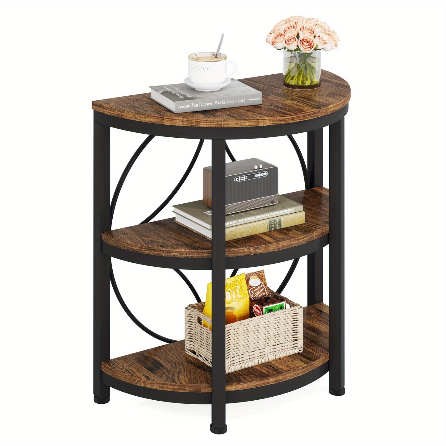 Nutshell vintage industrial end table with metal frame and three wooden shelves holding decor and storage items