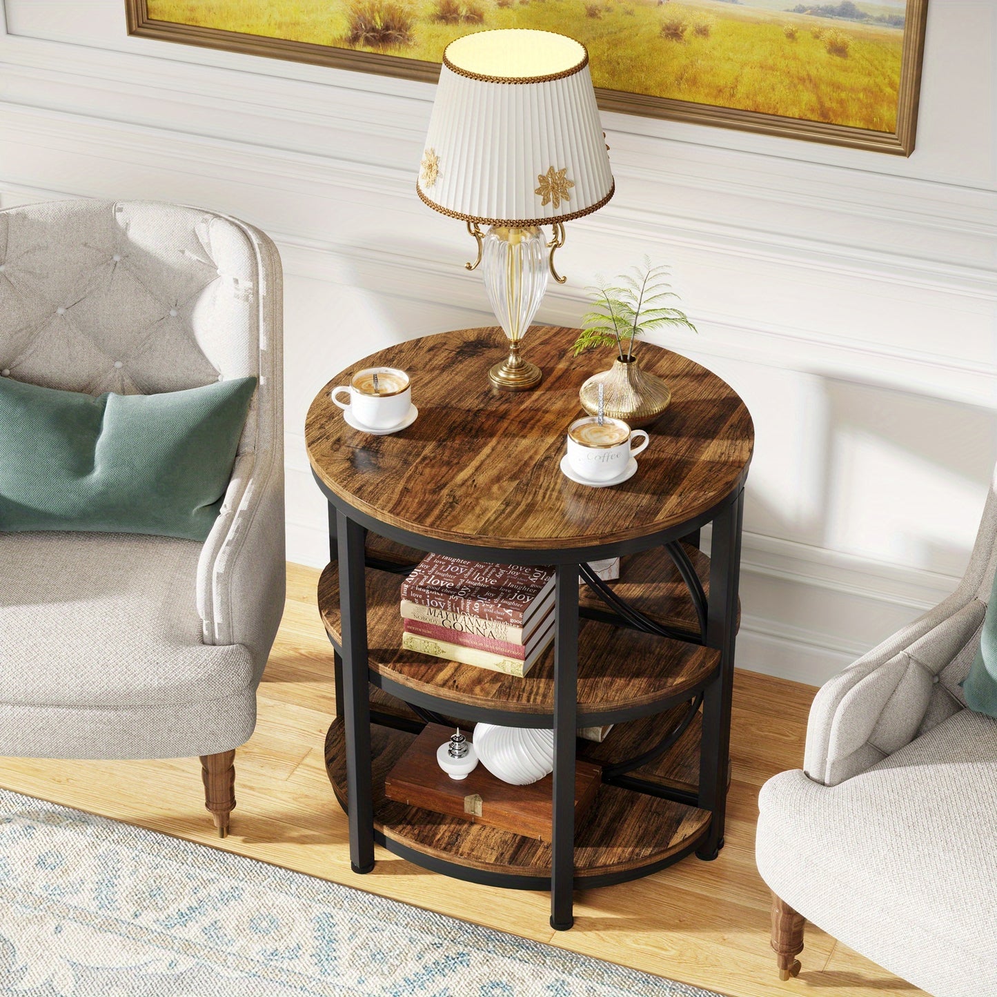 Nutshell vintage industrial end table with round wood shelves and black metal frame in living room