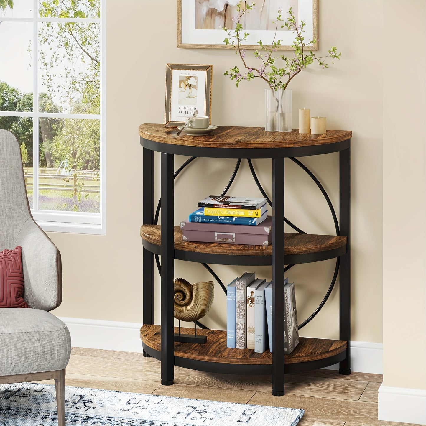 Nutshell vintage industrial end table with three wooden shelves and black metal frame in living room