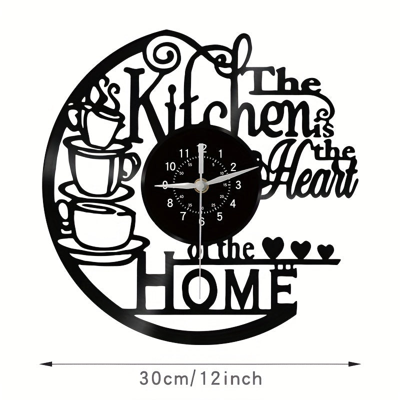 Nutshell vintage kitchen wall clock featuring black design with coffee cups and heart motifs