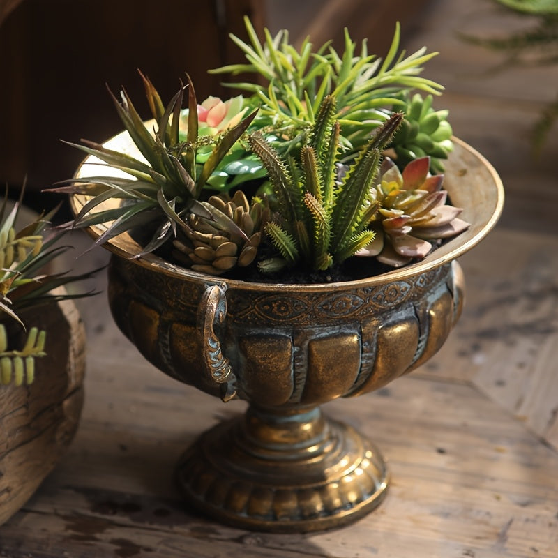 Nutshell vintage wrought iron pot vase with detailed handles and succulents inside on wooden surface