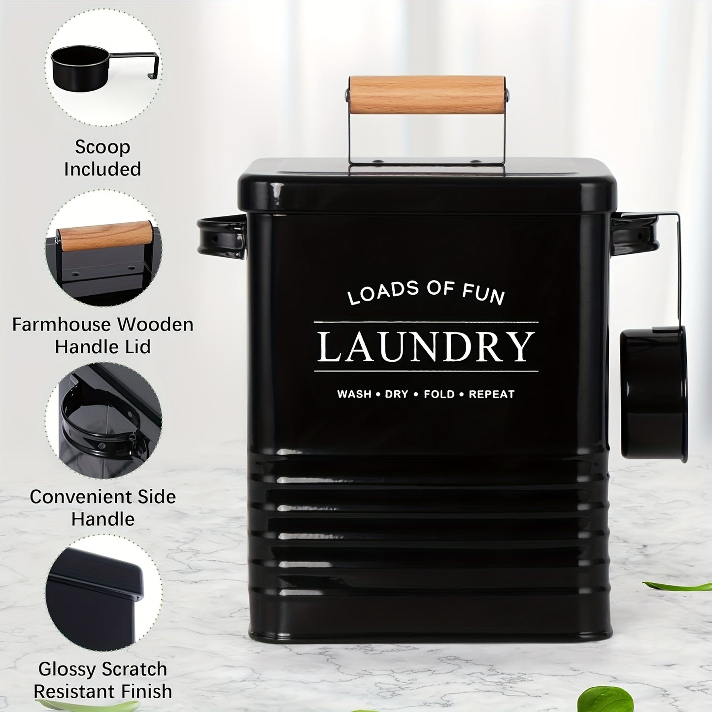 Nutshell wall-mounted laundry storage organizer in black with wooden lid and scoop included