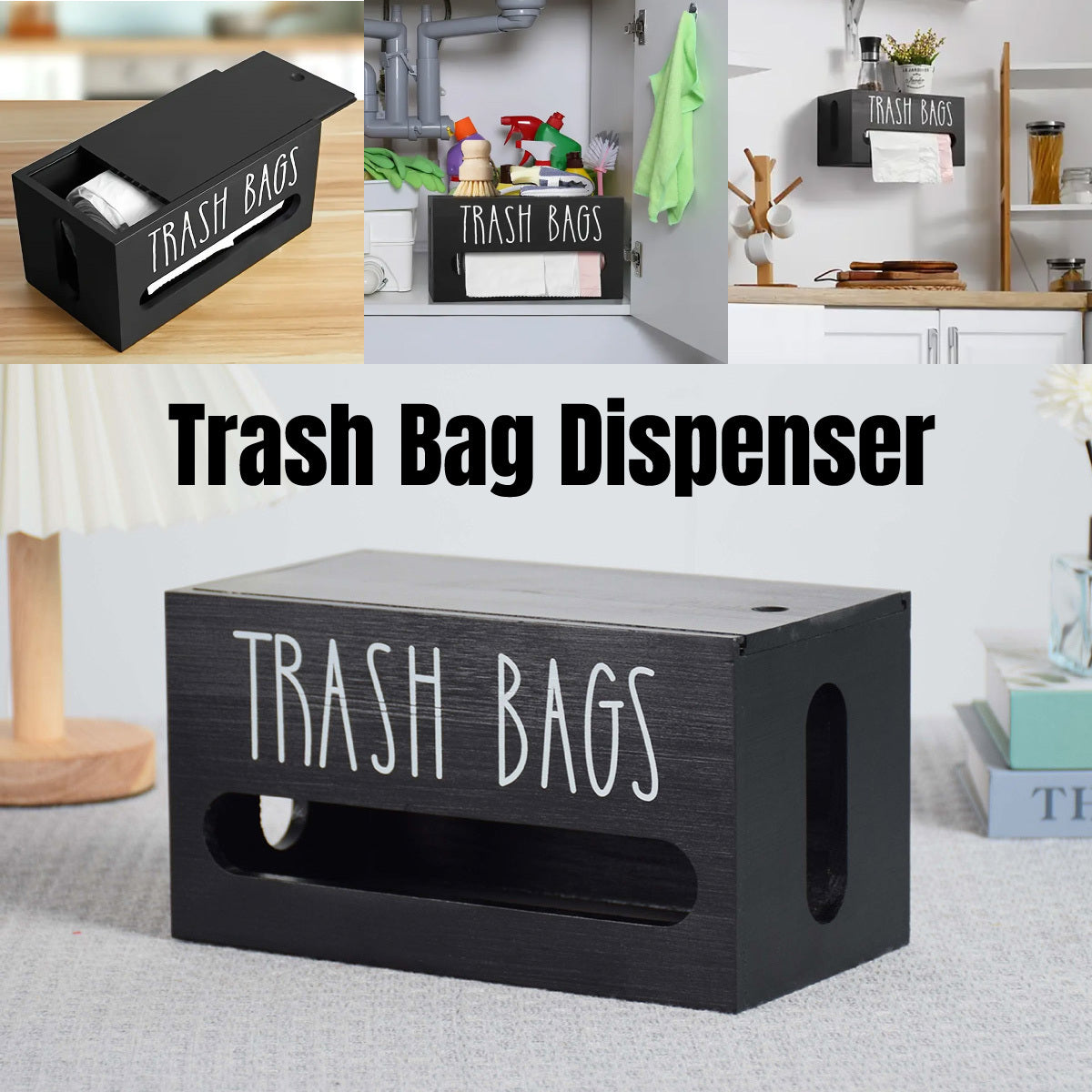 Nutshell wall-mounted trash bag dispenser in black for efficient kitchen organization