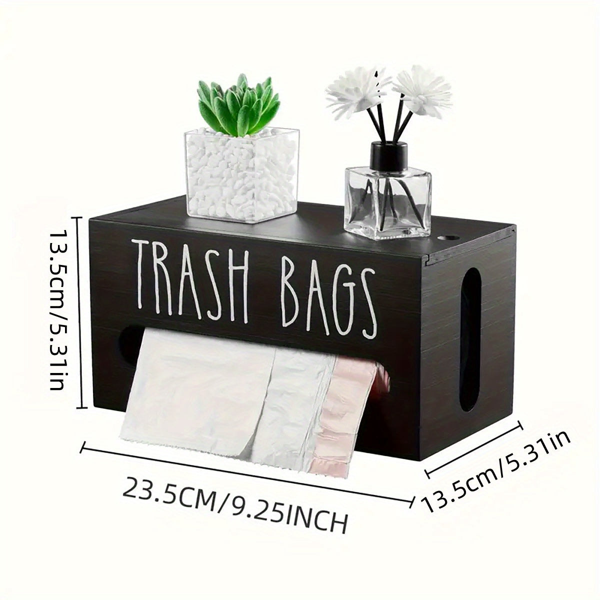 Nutshell wall-mounted trash bag dispenser in black with storage space for plants and decor