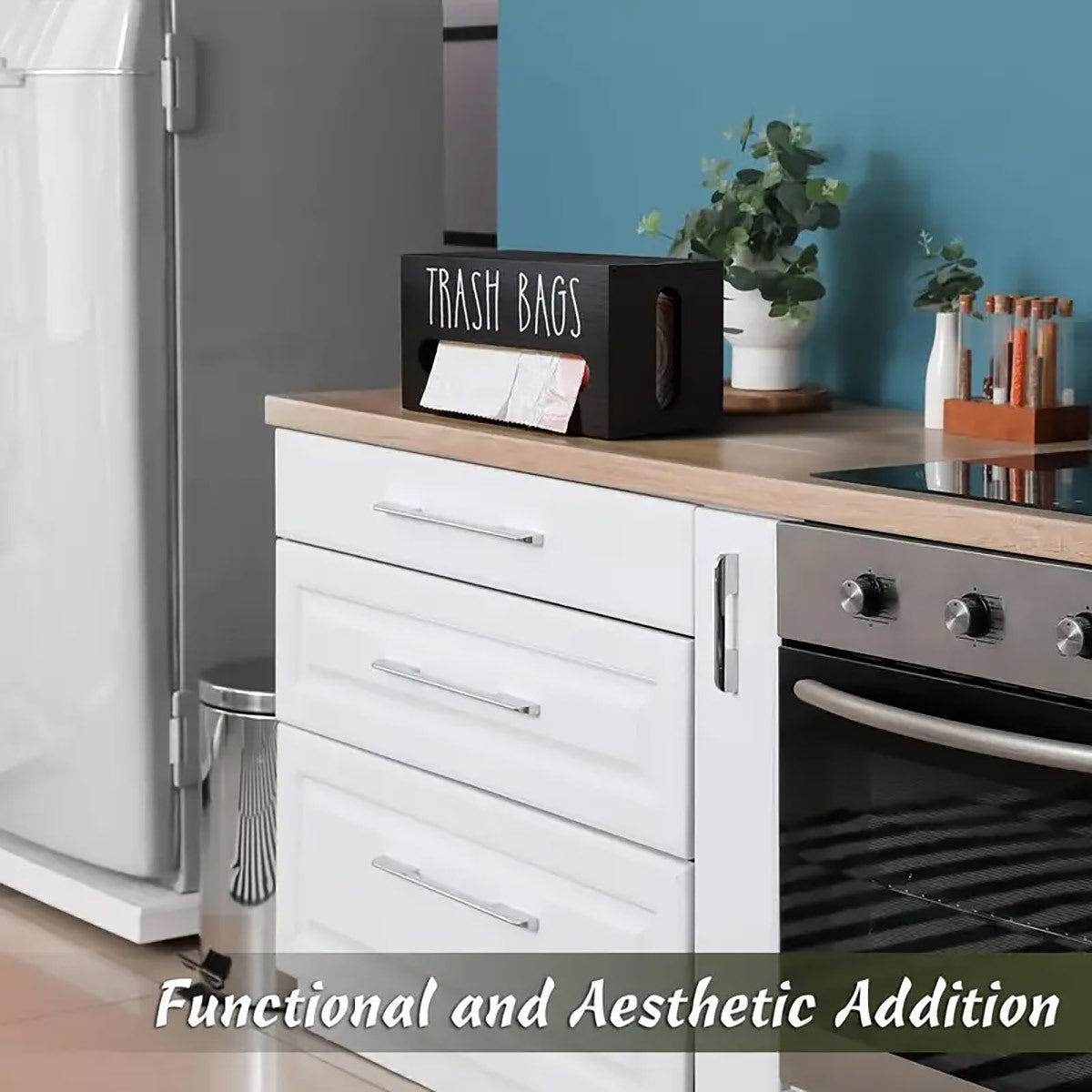 Nutshell wall-mounted trash bag dispenser for convenient kitchen organization and stylish storage
